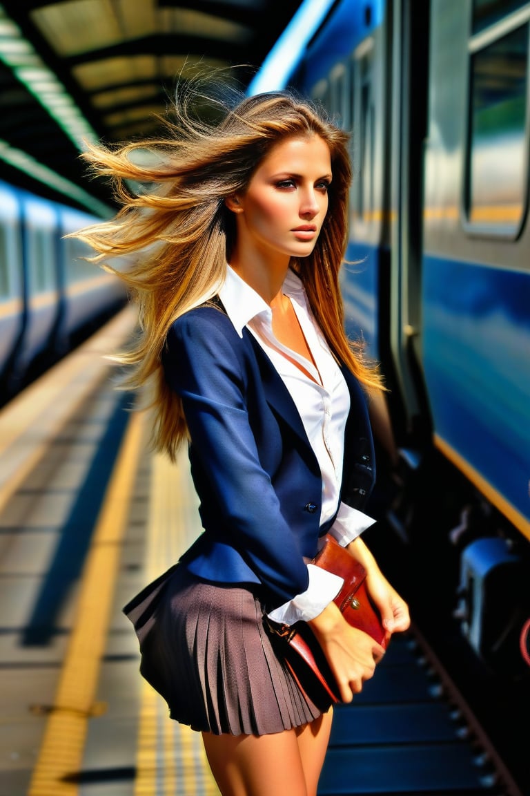HDR photo of beautiful woman, long brunette hair with blonde highlights, perfect eyes, standing on a train platform as a train passes by at high speed, motion blur, office attire,  slightly unbuttoned blouse, skirt, carrying a purse . High dynamic range, vivid, rich details, clear shadows and highlights, realistic, intense, enhanced contrast, highly detailed