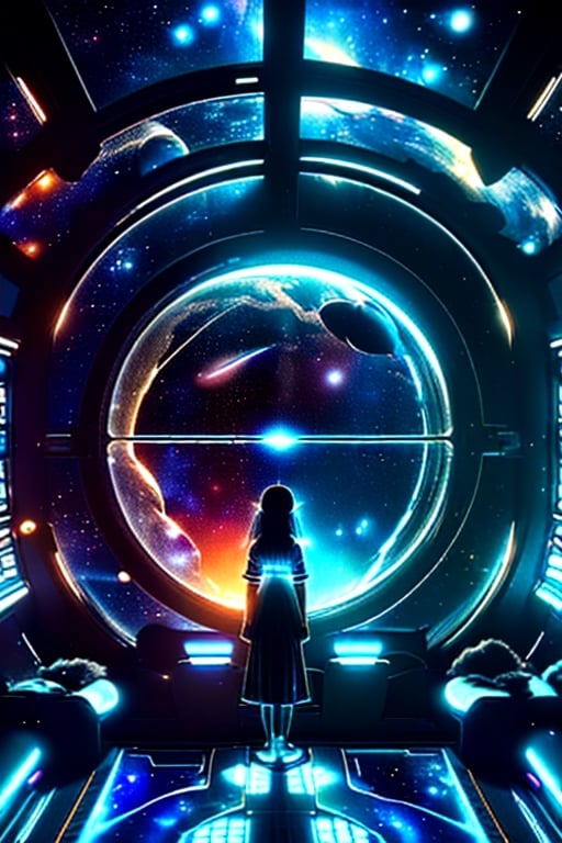 A space train traveling between the Earth and the Moon, the train is flying towards the Moon, the mystery of the universe, a mysterious sight, ((A girl traveling in a space train, the girl is looking at the Earth in front of a large glass window)), the fantastic Milky Way