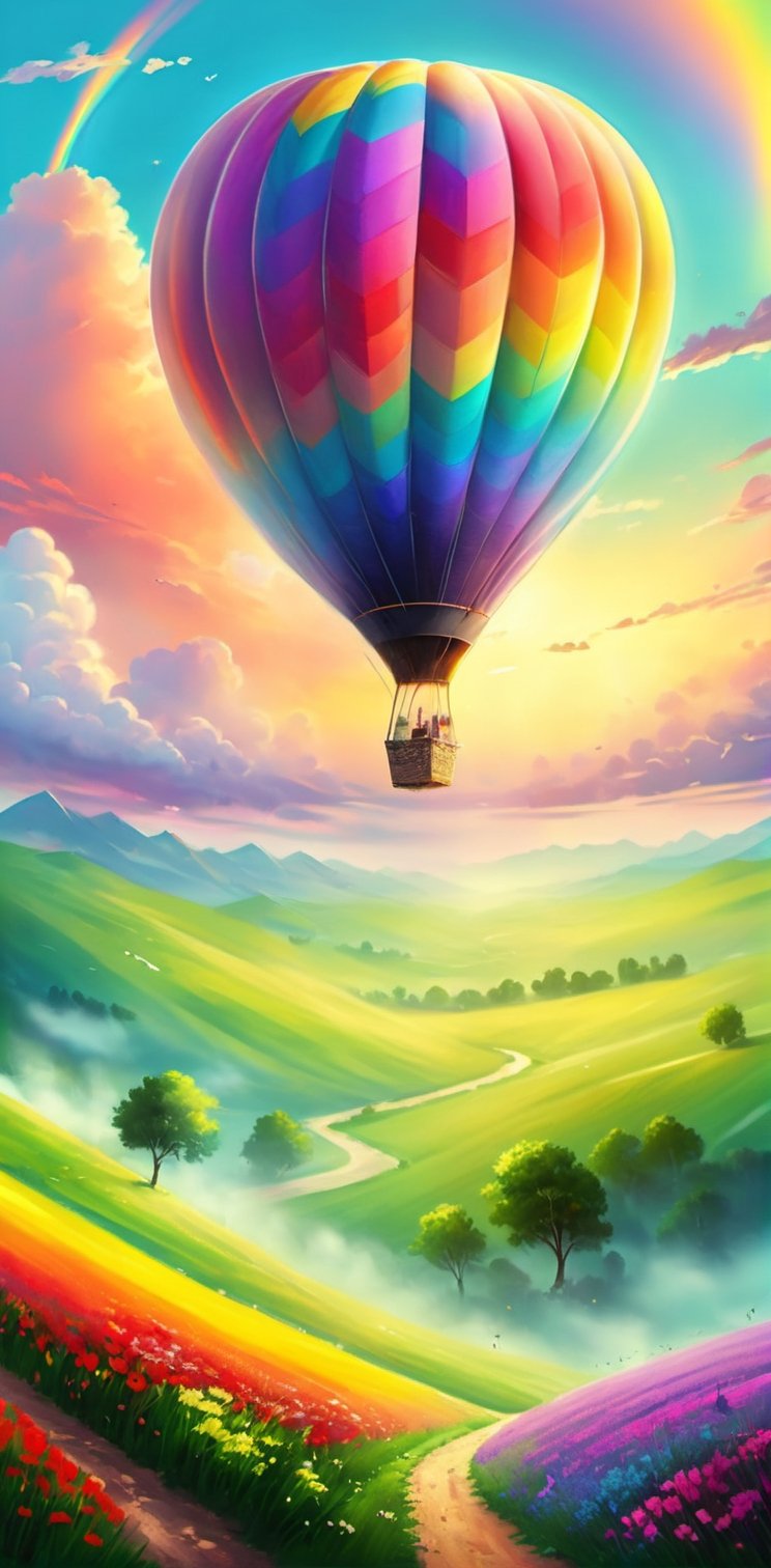 (Masterpiece, Highest Quality, Highest Quality, Official Art, Beautiful and Aesthetic: 1.2), The green meadows are very wide, and in the distance, on a low hill, a colorful hot air balloon is rising into the sky, and above the a hot air balloon there is a vivid rainbow in the sky. Peaceful scenery, soothing atmosphere, beautiful scenery, artistic paintings,ColorART
