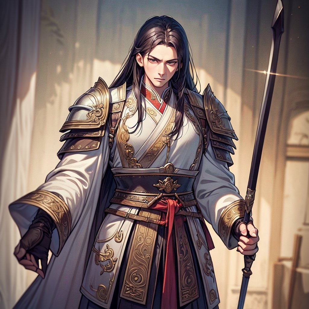 (best quality)), ((masterpiece)), ((realistic)), (highly detailed) illustration photographic, (Best illustrative quality 8k), soft light1 man,solo, Lu Bu, General Who Pacifies the East , soft light, realistic, detailed features, ancient Chinese armor,long hair, long beard,  dynamic pose, Resistance expression,bellow, battlefield scene, dramatic lighting, HDR, Accent Lighting,1boy , looking_at_viewer,facing right,Chinese general,1boy,Spear Soldier,(MkmCut),gu,swordsman
