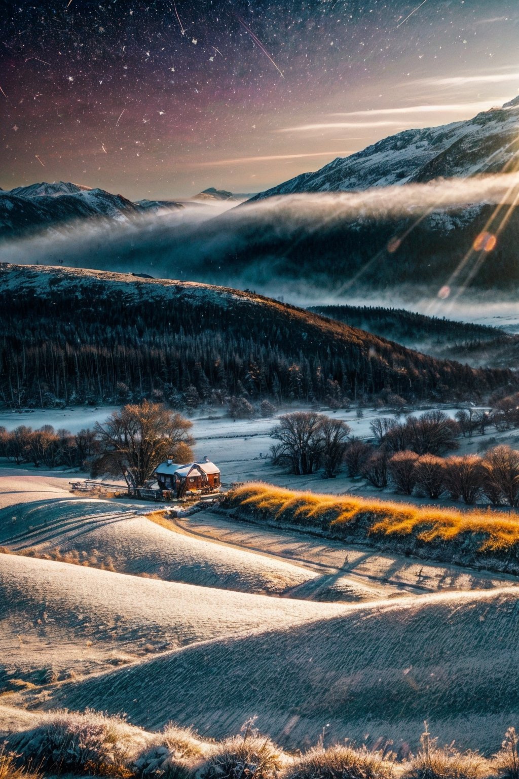 Imagine a vast, serene valley enveloped in snow by the soft, golden light of dawn. The sun, just above the horizon, casts a warm glow over the snowy scene. In the foreground, a river of crystal-clear frozen water meanders gently through the valley, reflecting the pastel tones of the sky. Its banks are adorned with lush, vibrant green grass and sporadic wild trees in a snowy Christmas look, from deep blues and purples to bright yellows and pinks. In the middle distance, there are hills covered in snow by a patchwork of wild meadows and small, picturesque snowy farms. The farms have charming wooden fences and old stone cottages with smoke gently rising from their chimneys. The meadows are snow-covered and dotted with grazing animals: sheep, horses and a few cows, adding life and movement to the scene. The background is dominated by majestic mountains, ((( flown with his sleigh and reindeer SANTA CLAUS following a shooting star))) with their peaks covered in glistening snow, which ((contrast with the dark, steep rocks)) below . The mountains are partially shrouded in light fog, which adds a sense of mystery and depth to the scene. Above, the sky is a stunning canvas of color: soft blues, pinks and oranges, with a few wispy clouds lazily passing by. The overall feeling is one of peace, tranquility and the stunning beauty of nature, captured in a high-resolution, wide-angle photography style. Your camera settings should focus on a large depth of field to ensure that every detail of this picturesque landscape is captured clearly.