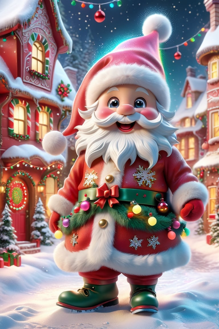 Santa's face, capturing every nuanced detail in extreme close-up. It illustrates Santa's weathered features, from the wrinkles around his cheerful eyes to the cascading snow-white beard. Highlight the pink blush on her cheeks and the warmth of her gaze, skating on ice, snowy background, a lot of nine, showing the iconic red hat placed on her head. Stunning illustration of a dancing Santa Claus in a rainbow dress of liquid colors flowing down, lots of snow on a Christmas street, retro city, gingerbread houses, splashes of liquid color, masterpiece, intricate details, highly detailed, high resolution . Use meticulous attention to detail, employing styles reminiscent of Kenzo, Yamamoto, and filmmaker cinematic aesthetics to reveal authenticity and character in Santa's expression. Use lighting techniques to accentuate textures, emphasizing the charm and timeless appeal of Santa's face in this intimate painting, image of Santa Claus and his elves decorating their home before the upcoming holidays. Add lots of bright garlands, cheerful balls, glittery ribbons and other festive decorations. Show a joyful and cheerful moment when the whole house is filled with the magic of Christmas!