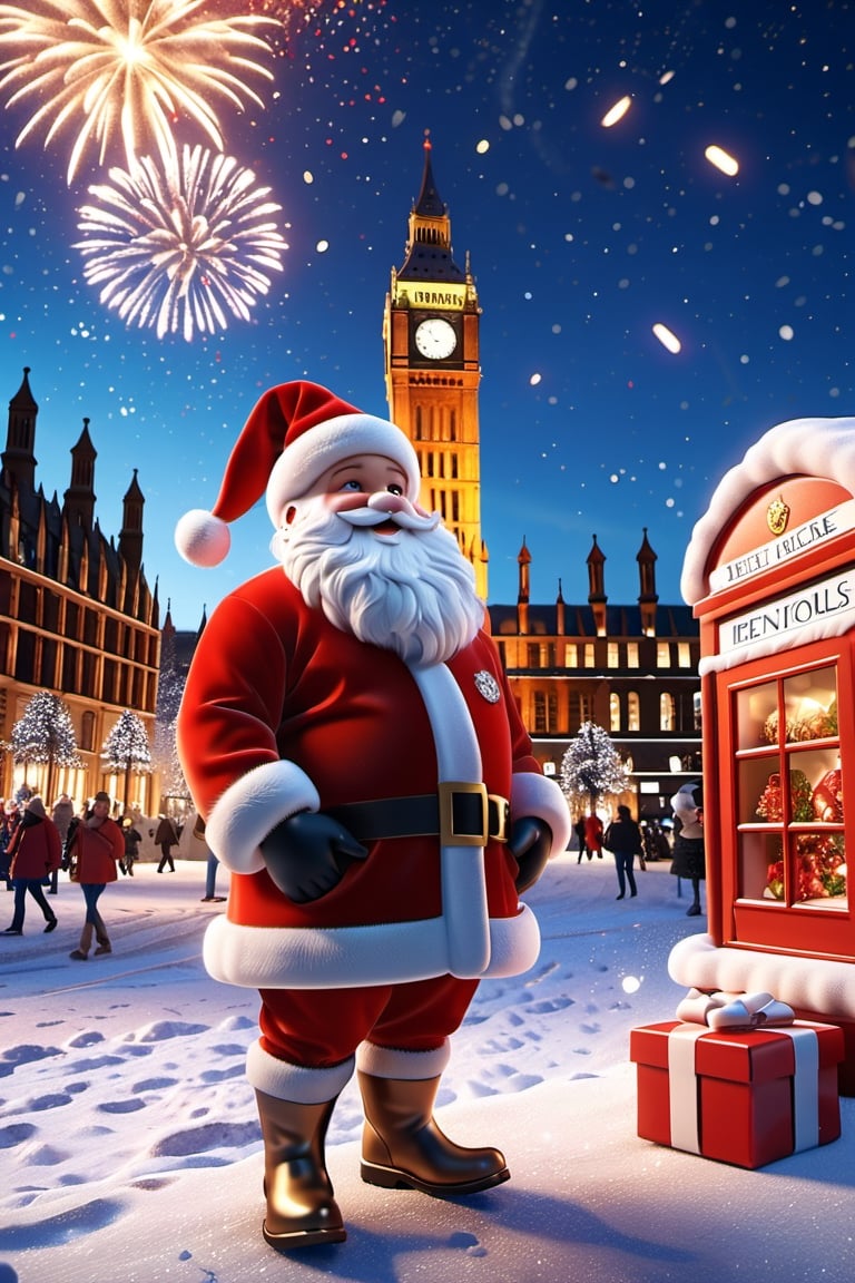 ultra realistic illustration, 8K, wide shot, vray, octane rendering, unreal engine 5, text: "MERRY CHRISTMAS" in the sky like fireworks, {Dc's Deatpooll dressed as Santa Claus, Santa's sleigh, gifts), mountains, snow, shooting stars, Christmas theme, standing in front of Big Ben in London, cute smile, wide shot, more details XL