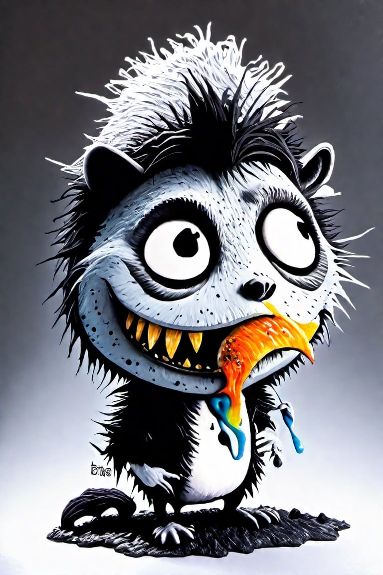  (monster) Intimidating colours, comic style, portrait of an intimidating munch scream zombie cartoon character by Ian McQue, extremely detailed, sharp focus, in style of Mcbess and rossdraws, ink dropped in water, splatter drippings, pulp Manga, Banksy, cinematic lighting, black fluffy hair, (neckless)
monster, creepy, ((raccoon)) knife in mouth, Skottie Young style, masterpiece, best quality,
grunge clothing, meadow, autumn, ((high contrast)),Tim Burton Style