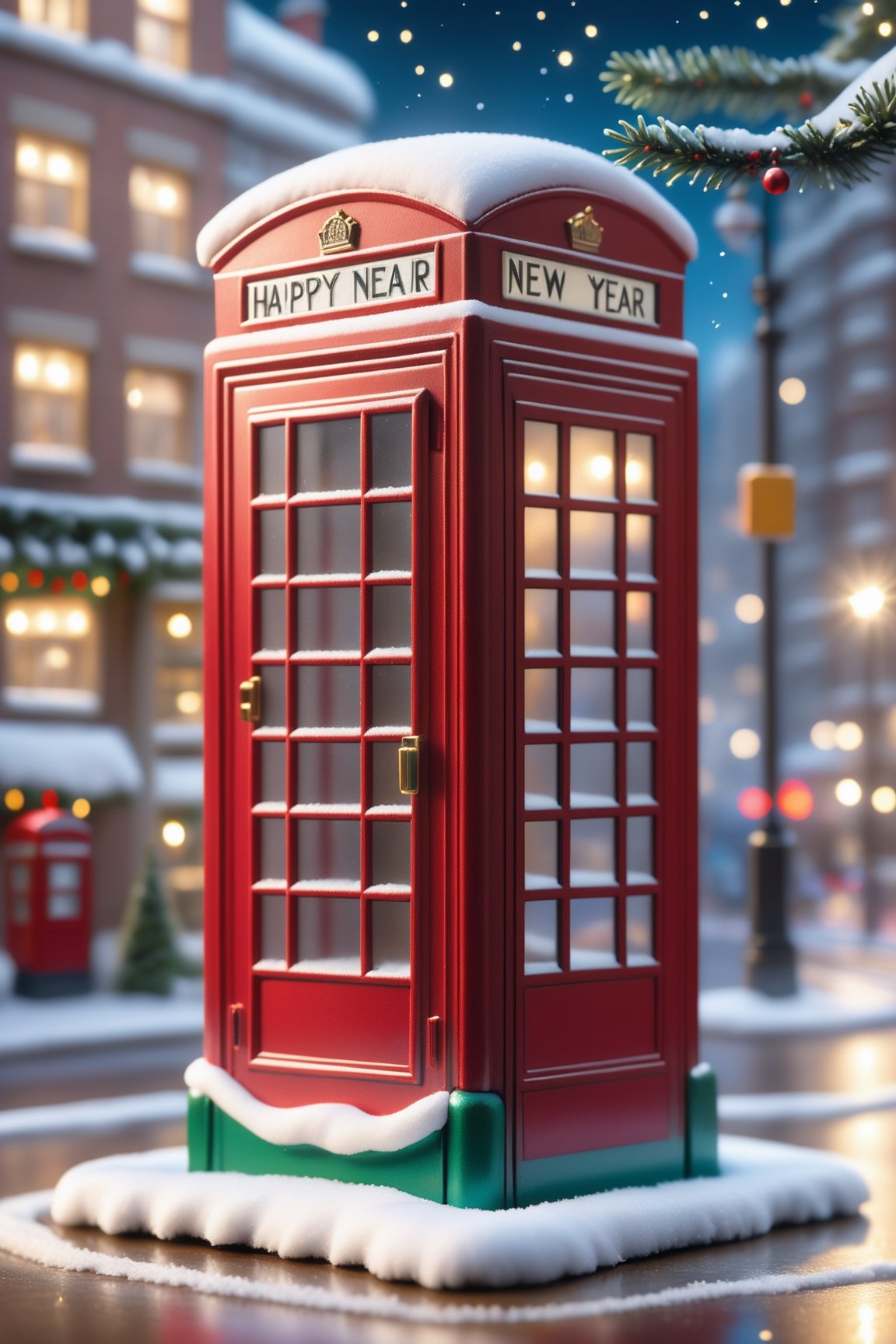 Very small miniature London telephone booth decorated for Christmas.
testo from (((happy new year)))
very detailed and very realistic,

Macro photography by Miki Asai,

close up,

hyper detailed,

trend in artstation,

sharp focus,

studio photo,

intricate details,

Very detailed,

by greg rutkowski
