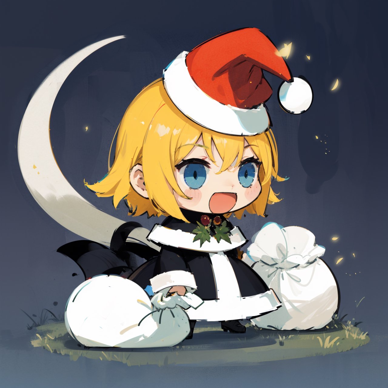 masterpiece, 1 girl, cute, funny padoru meme, holding sack,chibi,:d,santa hat