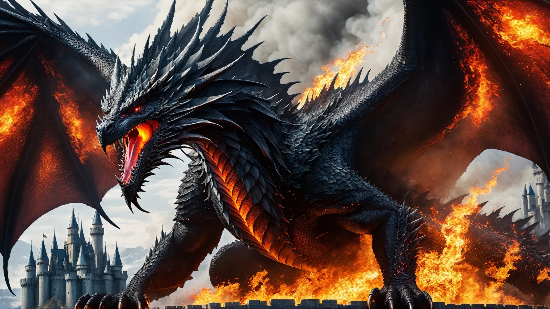  create a one huge Dragon destroying the castle. highly detailed, sharp focus, black scales,huge wings,  red eyes, fire breathing,more detail XL,Movie Still