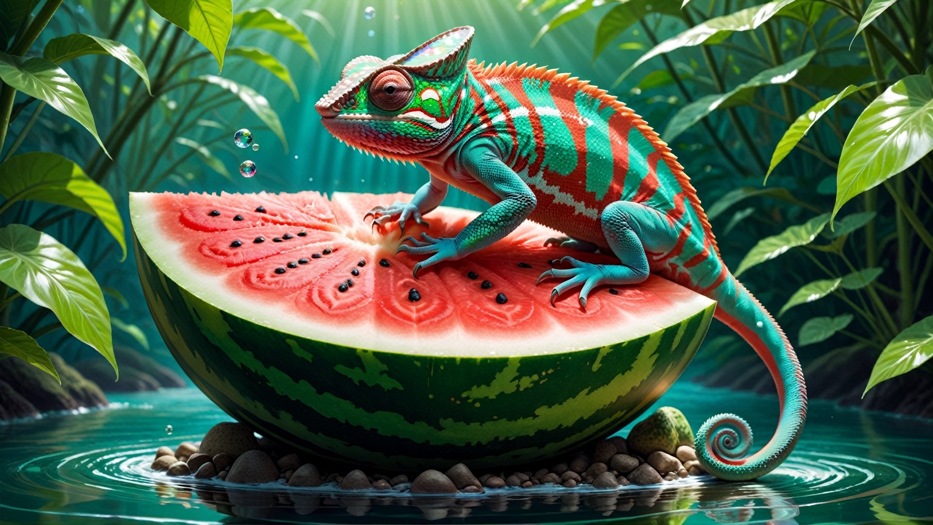 Imagine a delightful and picturesque scene: a beautiful and colorful chameleon perched gracefully on a watermelon, surrounded by a shimmering expanse of water. This prompt invites artists to capture the charm of this whimsical moment, portraying the vibrant hues of both the chameleon and the watermelon against the backdrop of a tranquil and colorful aquatic setting. The goal is to create an image that radiates beauty, playfulness, and a touch of magic.
