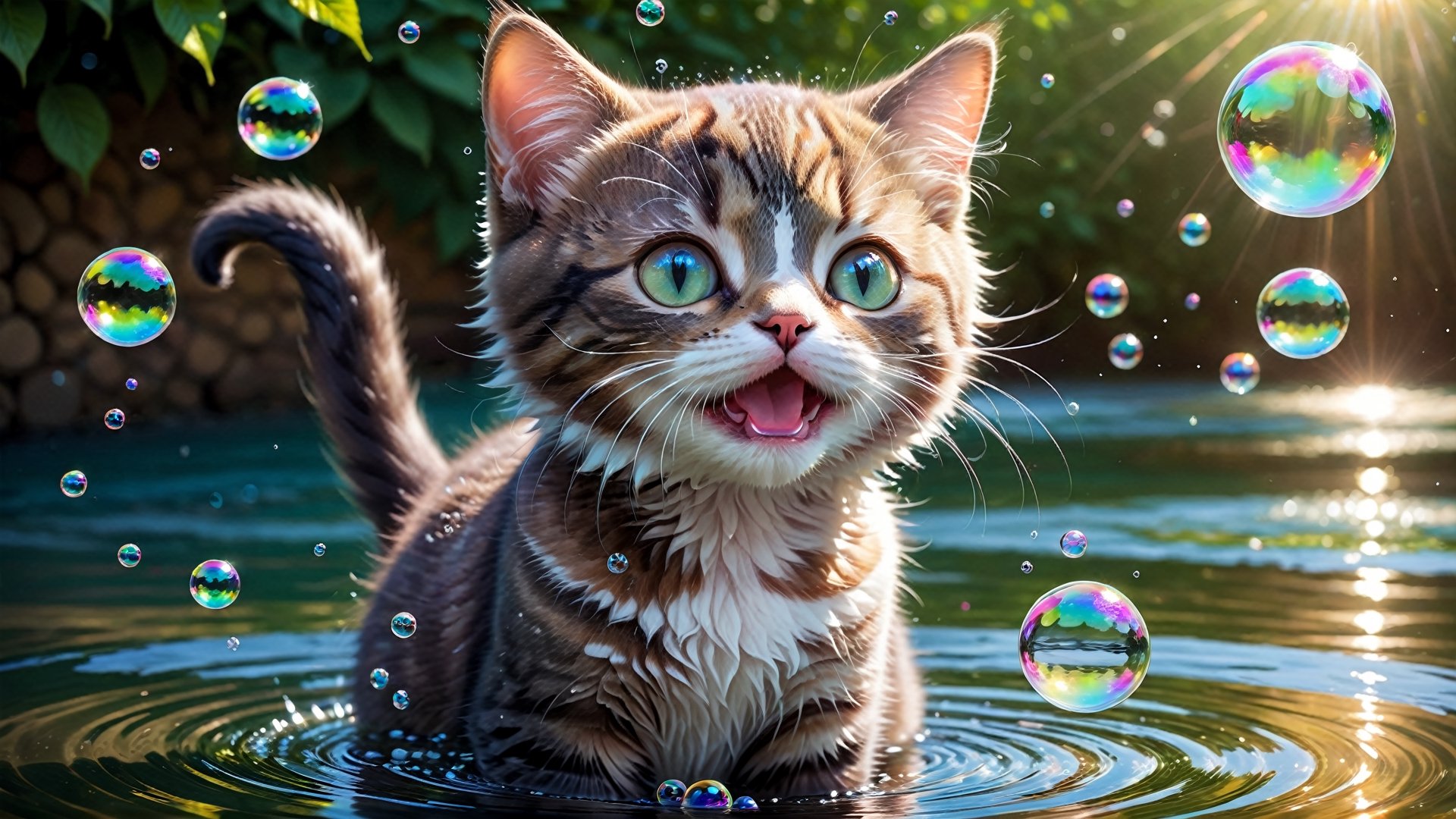 Envision an adorable and playful scene: a beautiful kitty joyfully interacting with glistening water bubbles. Capture the charm of this moment, focusing on the playful expressions of the kitty and the iridescence of the bubbles. Encourage artists to create a visually delightful composition that conveys the innocence and joy found in the interaction between a curious cat and the enchanting allure of water bubbles.