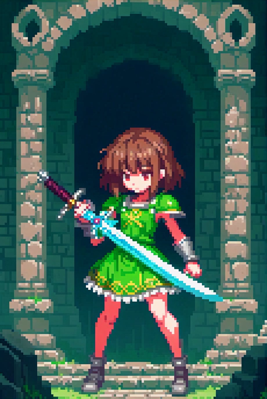 Chara, Brown hair, careteker of the ruins, sword, green dress, good pixel art, ruins