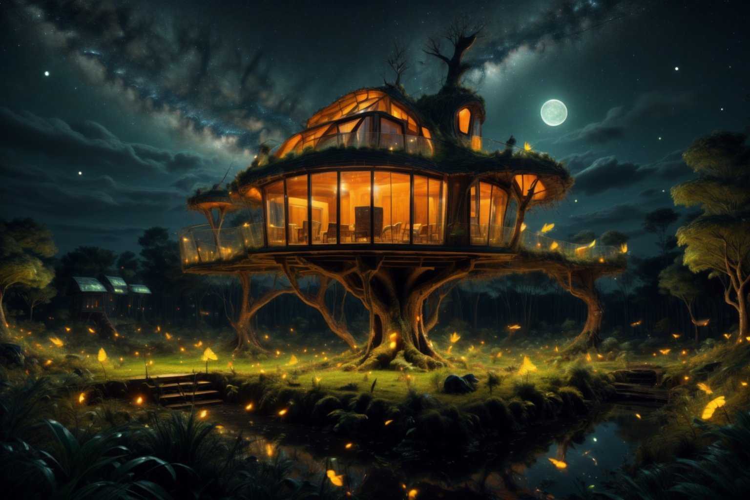 night sky, firefliesfireflies, DonMG414, Ultra realistic, hyper realistic, photo realistic, Massive fantastical tree house, night time, isometric, 