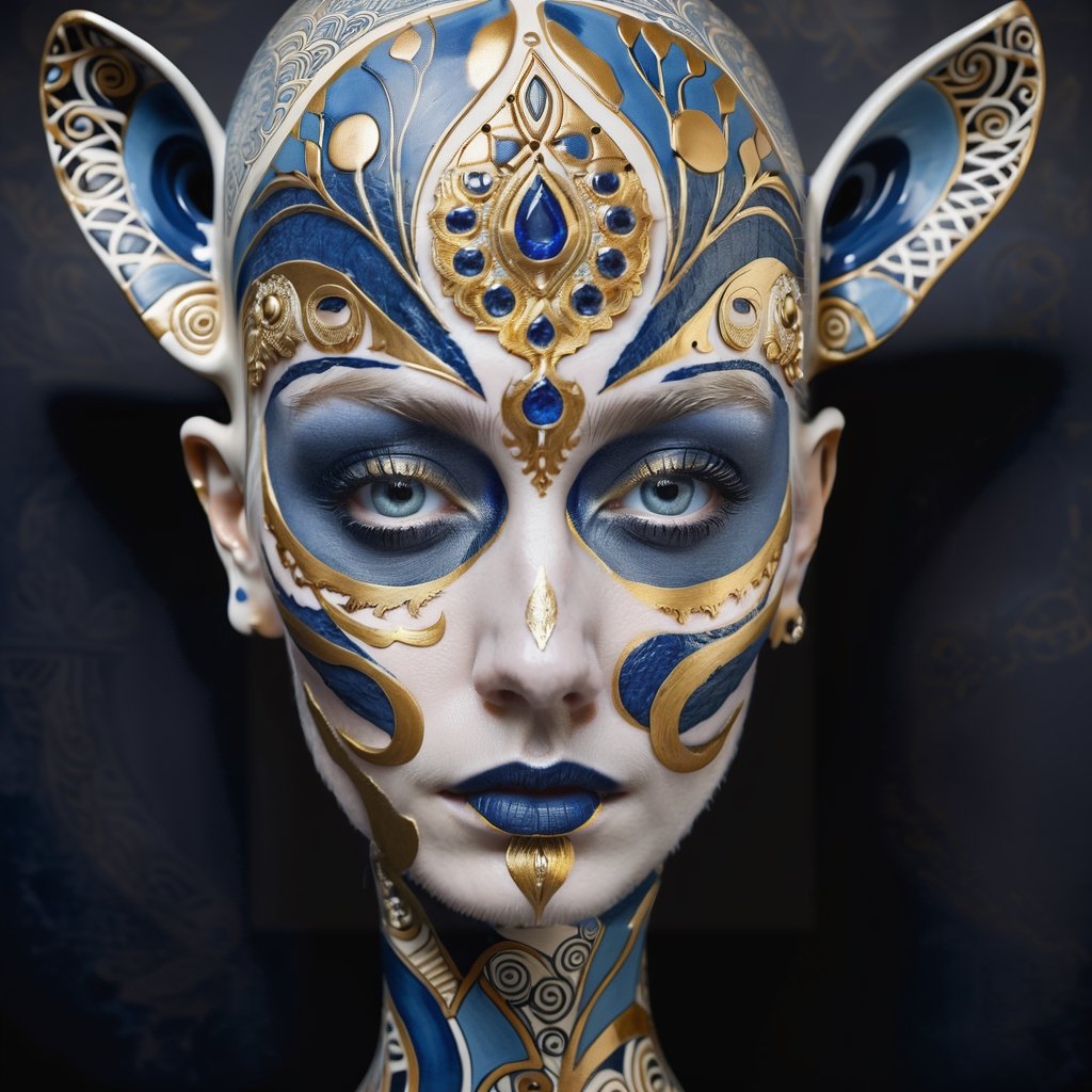 a ceramic of a white, blue and gold woman, in the style of tattoo-inspired, detailed facial features, asian-inspired, extravagant, body art, dreamlike installations, close up
