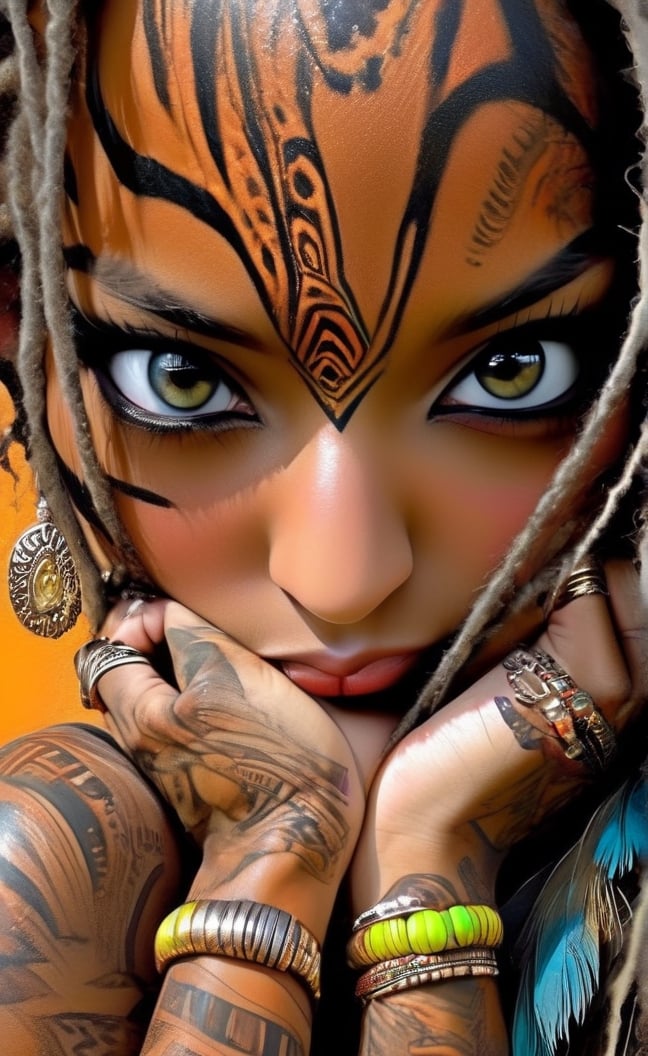A dark black Nubian woman, extreme close up on eyes, ed hardy tatoos bold flat colour, henna markings on her face and hands, wide open detailed eyes, eye highlight, A charming character, bold, edgy, ethereal, immaculate composition, brian viveros, jean-baptiste, monge, dynamic pose, dynamic light and shadow, 8k resolution, digital art, peacocks, tiger stripes, orange cockatoo, fashionistas, baroque style, art by sergio toppi, art design by sergio toppi, tattoo by ed hardy, shaved hair, neck tattoos by andy warhol, heavily muscled, biceps, glam, women, military poster style, , more detail XL, close up, Oil painting, 8k, highly detailed, in the style of esao andrews, Vogue style, GARTERBELT, g string, , 3d style,close up