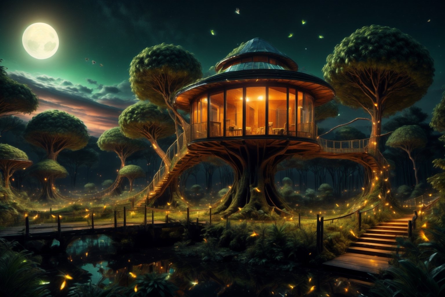night sky, firefliesfireflies, DonMG414, Ultra realistic, hyper realistic, photo realistic, Massive fantastical tree house, night time, isometric, 