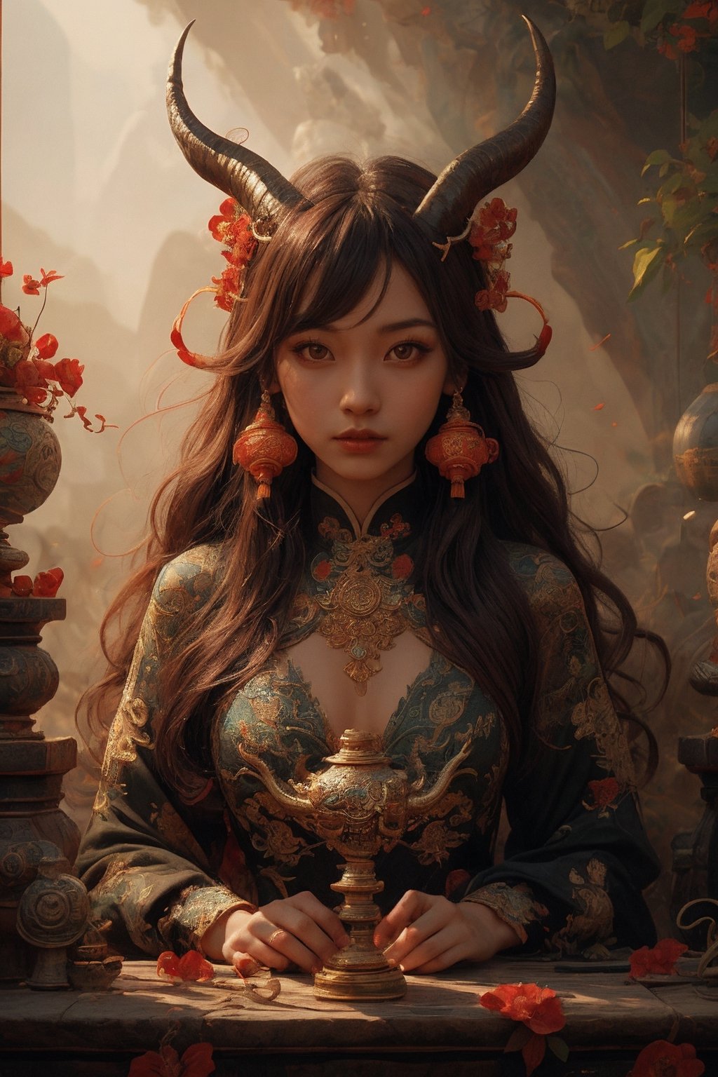 1 girl, (masterful), (long intricate horns:1.2),detailed and intricate, dragonyear, dragon-themed
,Glass Elements, looking_at_viewer,chinese girls,goth person,  sfw,  complex background