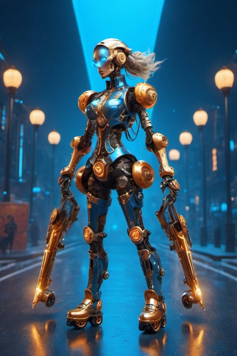  (a Detailed Hip Hop orage Robot woman rollerskates down the street in a fantasy world,Skull Head, blue eyes,cyberpunk citystreet background,Detailed robotic rollerskates),dynamic views,dynamic poses,DonMD3m0nXL , smile, (oil shiny skin:1.2), (big breast:1.0), (perfect anatomy, prefecthand, dress, long fingers, 4 fingers, 1 thumb), 9 head body lenth, dynamic sexy pose, breast apart, (cowboy shot:0.8), looking at viewer, (viewed_from_side:1.4), 