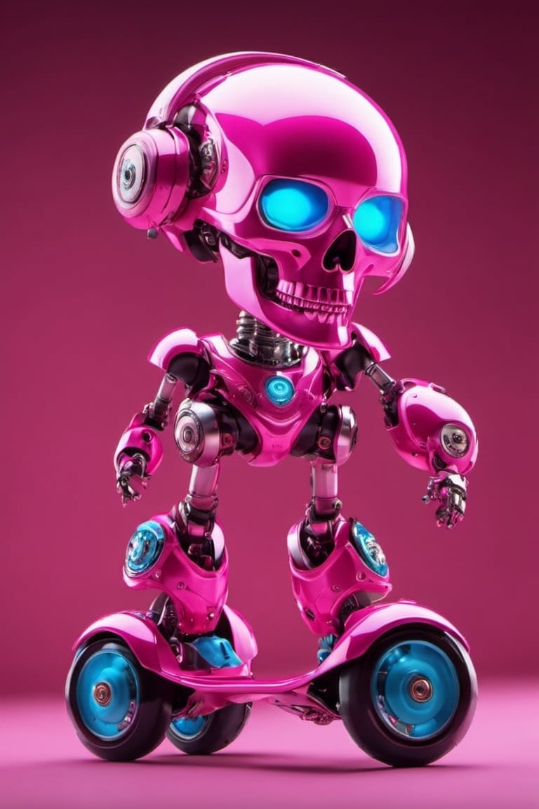  (a Detailed Hip Hop pink Robot woman rollerskates down the street in a fantasy world,Skull Head, blue eyes, Detailed robotic rollerskates),dynamic views,dynamic poses,