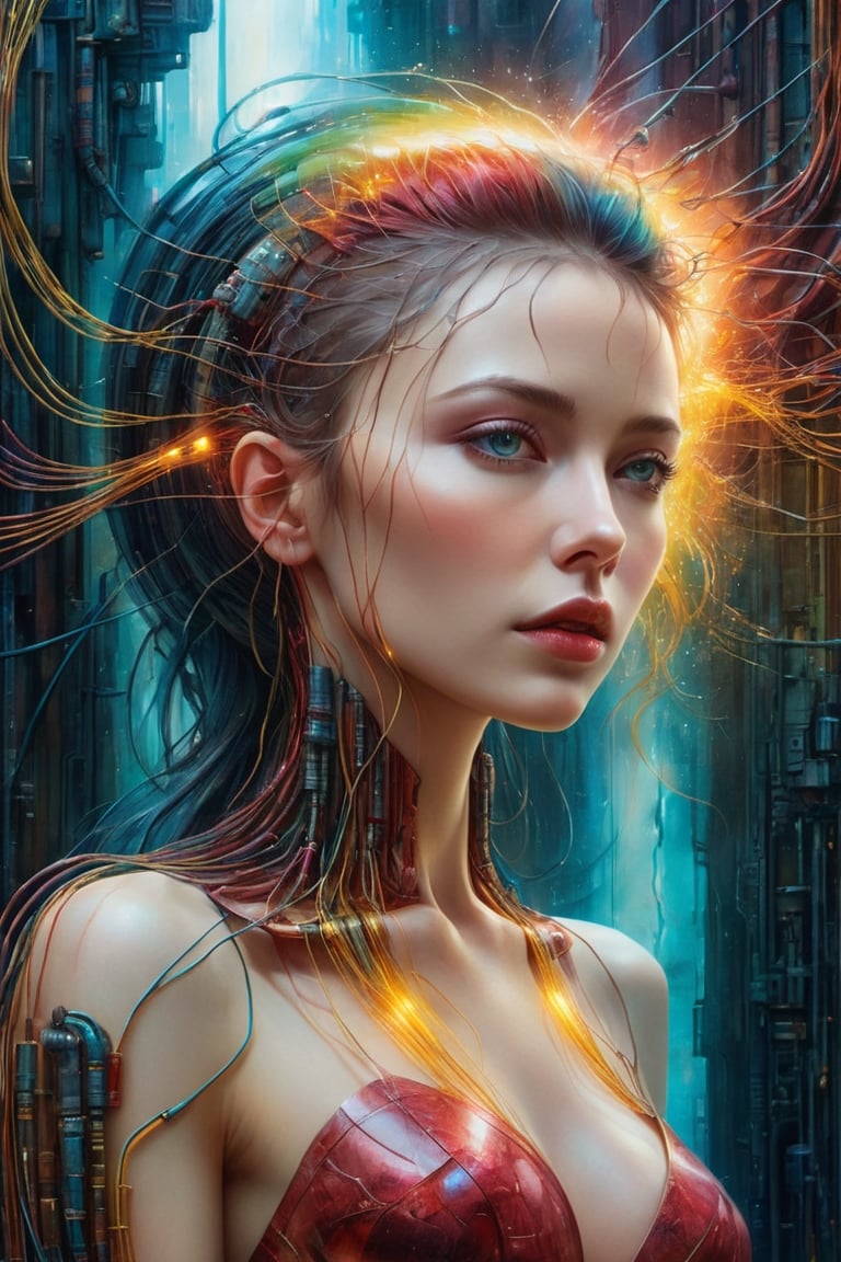 Please create a masterpiece, stunning beauty, perfect face, epic love, Slave to the machine, full-body, hyper-realistic oil painting, vibrant colors, Body horror, wires, biopunk, cyborg by Peter Gric, Hans Ruedi Giger, Marco Mazzoni, dystopic, golden light, perfect composition,Glass,shards,more,ice and water,detail