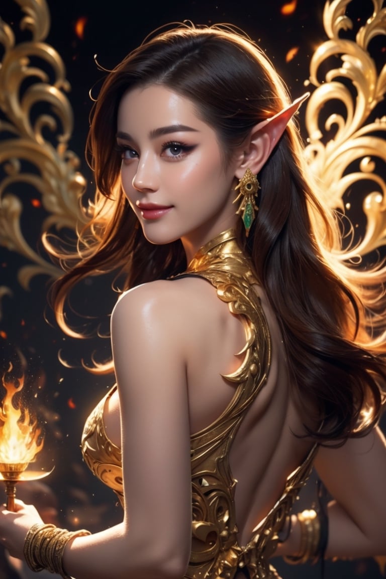 (1girl), (masterpiece, top quality, best quality, official art, beautiful and aesthetic:1.2), extreme detailed,colorful,highest detailed, official art, unity 8k wallpaper, ultra detailed, beautiful and aesthetic, beautiful, masterpiece, best quality, (zentangle, mandala, tangle, entangle) ,holy light,gold foil,gold leaf art,glitter drawing, PerfectNwsjMajicPerfectNwsjMajmagic, psychedelia art, flower, mandala, psychedelic, tapestries, ethereal,goddess_advent,mecha,futureaodai, lightningmagicAI,1 girl,weapon,Ember-toned skin, smile, (oil shiny skin:1.3), (big breast:0.9), (perfect anatomy, prefecthand, dress, long fingers, 4 fingers, 1 thumb), 9 head body lenth, dynamic sexy pose, breast apart, (upper body :1.5), looking at viewer, (viewed_from_behind:1.25), pointed ears aglow with fiery hues
