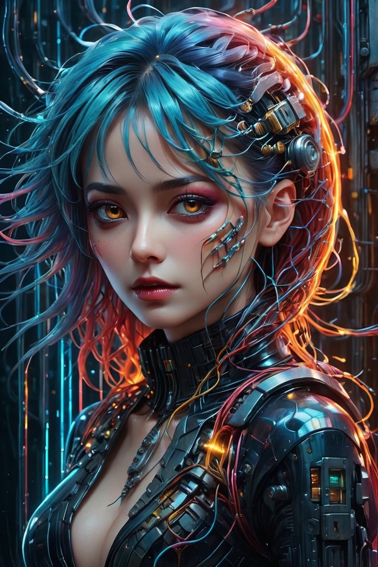 Please create a masterpiece, stunning beauty, perfect face, epic love, Slave to the machine, full-body, hyper-realistic oil painting, vibrant colors, Body horror, wires, biopunk, cyborg by Peter Gric, Hans Ruedi Giger, Marco Mazzoni, dystopic, golden light, perfect composition,Glass,shards,more,ice and water,detail,element