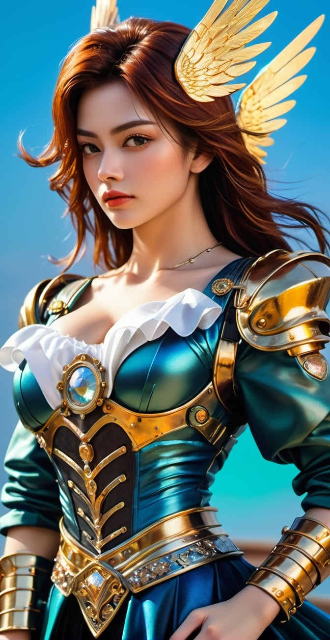 Masterpiece, highly detailed, realistic, A beautiful girl battle angel in polished solid gold armour with barouque engraving with a diamonds and precious stones. She has a broadsword. She has two large white feathered wings and long flowing auburn hair and an intricate gold crown encrusted with diamonds sapphires rubies and emeralds. She has beautiful blue eyes. Beautiful Face, Detailed face, lovely, photorealistic, photograph, castle in background(oil shiny skin:1.3), (huge_boobs:3.4), willowy, chiseled, (hunky:3), body turn 6 degree, (perfect anatomy, prefecthand, dress, long fingers, 4 fingers, 1 thumb), 9 head body lenth, dynamic sexy pose, breast apart, ((full body:0.9)), (artistic pose of a woman),chrometech,surface imperfections,NIJI STYLE,crystalz,DonMChr0m4t3rr4XL ,A girl dancing ,steampunk style,steampunk,DonMT3chW0rldXL, in the style of esao andrews,esao andrews style,esao andrews art,esao andrews,photo r3al,hdsrmr,Roman,DonMM00m13sXL,Movie Still, cinematic moviemaker style,DonMM1y4XL,niji5,Decora_SWstyle,more detail XL,cinematic_warm_color