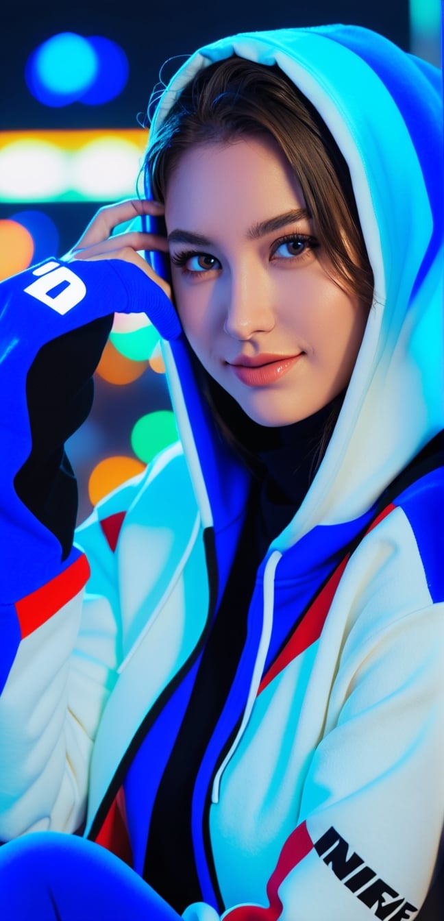 Upper body, photography a European girl, Nike logo hoodie, coverd head, sitting on the peak roof, the over view of futuristic cyberpunk city, looking at viewer, detailed eyes, intricate details, film grain, accent lighting, soft volumetric light, shallow depth of field, cinemagraph, night, neon lighting, floating architecture, smile,(oil shiny skin:1.0), (big_boobs:1.4), willowy, chiseled, (hunky:2.2),(( body rotation -90 degree)), (upper body:1.4),(perfect anatomy, prefecthand, dress, long fingers, 4 fingers, 1 thumb), 9 head body lenth, dynamic sexy pose, breast apart, (artistic pose of awoman),