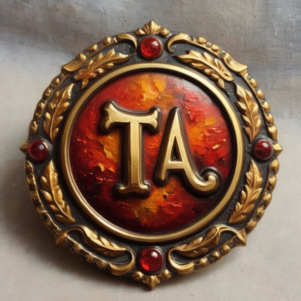 masterpiece, best Quality, ultra high res, beautiful, visually stunning, incredible details,,Badge, a round beautiful badge with text "TA" text, golden and red colores,,Text,emo,oil painting