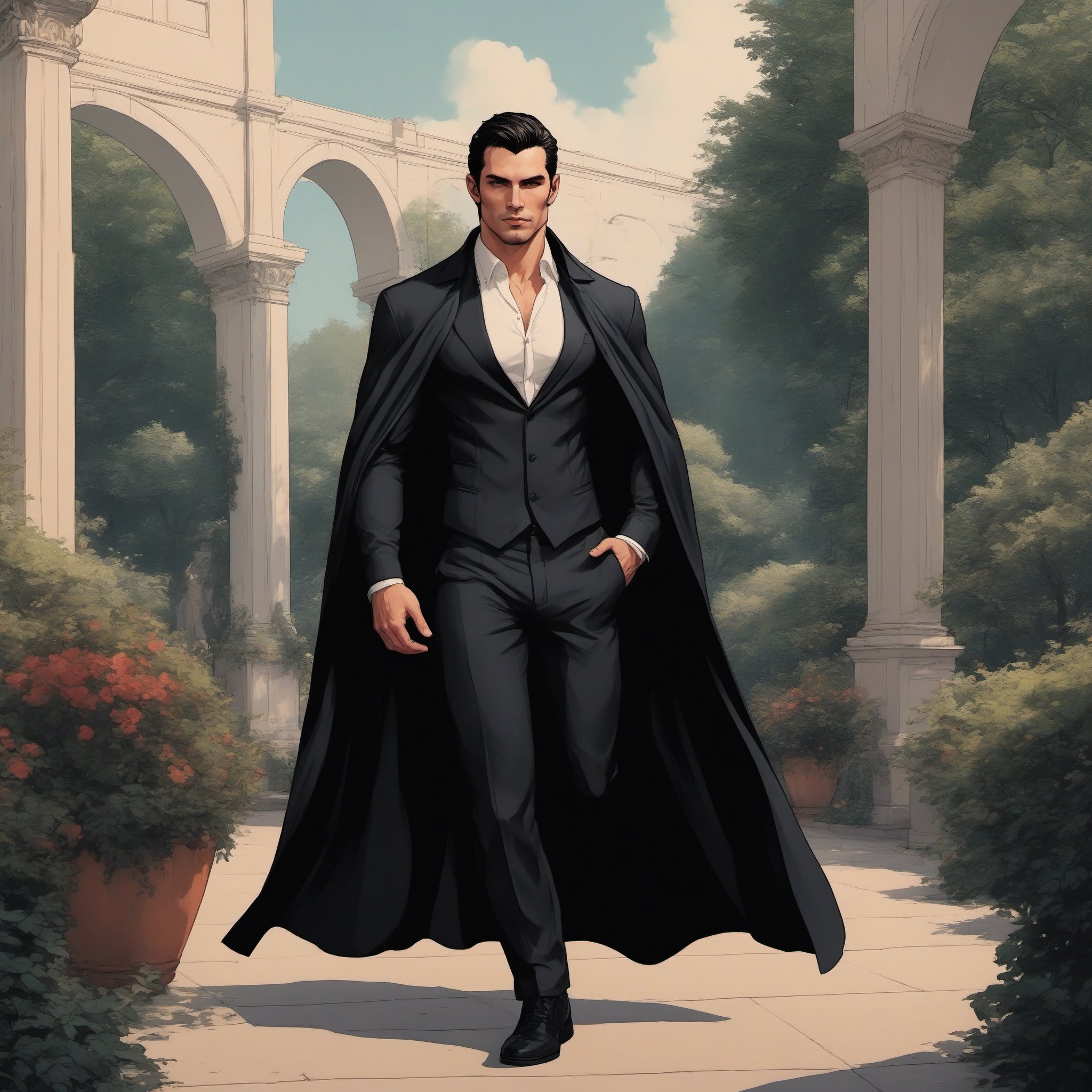 photorealistic ,style comic book, papi kocic, paul telfer, addonis_looking ,  full body ,black cape ,beefcake , ultra-attractive ,  full length attractive,having-cape, garden , forest , man, tuxedo , zoomed-out ,jet-black cape ,atmospheric , attractive ,beefcake, wide scene ,business-suit ,  scenery ,menswear ,arches ,  market fountain , walkway , photogenic , refined , cape attached with straps under his armpits ,,hunk,photogenic ,detailed, gay in love , masculine , musceld, handsome attactive , cape attached with straps under arms ,defined upturned nose , masculine nose , hispanic , both wearing a long cape, southern european caucasian , both clad in a cape , ultra attractive , male vampire , seductive, satin shirt , disconected-goatee , no deformation , no face distortion , romantic , no cape collar , cape attached with fabric , cape attached with clasp , refined, city , cape attached with button , cape attached with fabric ,