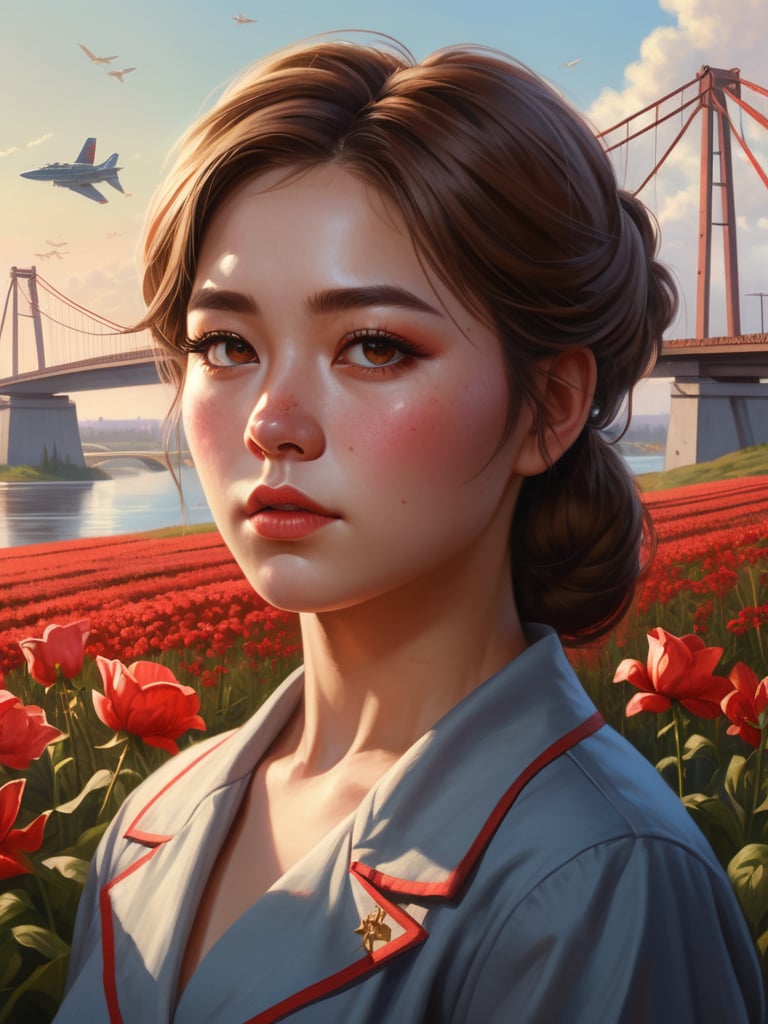 Painting in the style of socialist realism, beautiful landscapes, hyperrealistic precision, and digital art techniques. A collective farm woman looks at the horizon. Flowers, sunlight, the body, youth, flight, industry, and new technology. The illustration shows the utopianism of communism and the Soviet state. High nose bridge, doe eyes, sharp jawline, plump lips, healthy skin, k-pop makeup. Soft lighting wraps around her face, accentuating every curve and crease. Wide angle. Cluttered maximalism. Mote Kei. Extremely high-resolution details.,REALISTIC
