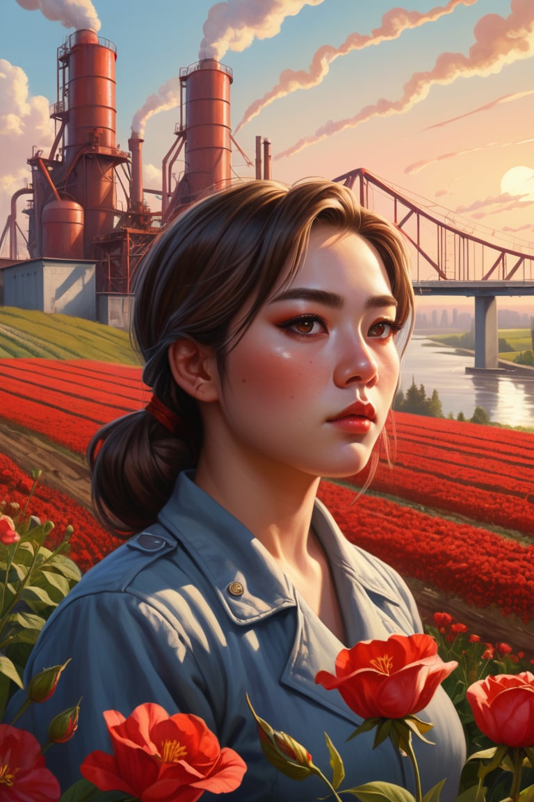 Painting in the style of socialist realism, beautiful landscapes, hyperrealistic precision, and digital art techniques. A collective farm woman and male factory worker look at the horizon. Flowers, sunlight, the body, youth, flight, industry, and new technology. The illustration shows the utopianism of communism and the Soviet state. High nose bridge, doe eyes, sharp jawline, plump lips, healthy skin, k-pop makeup. Soft lighting wraps around her face, accentuating every curve and crease. Wide angle. Cluttered maximalism. Mote Kei. Extremely high-resolution details.,REALISTIC