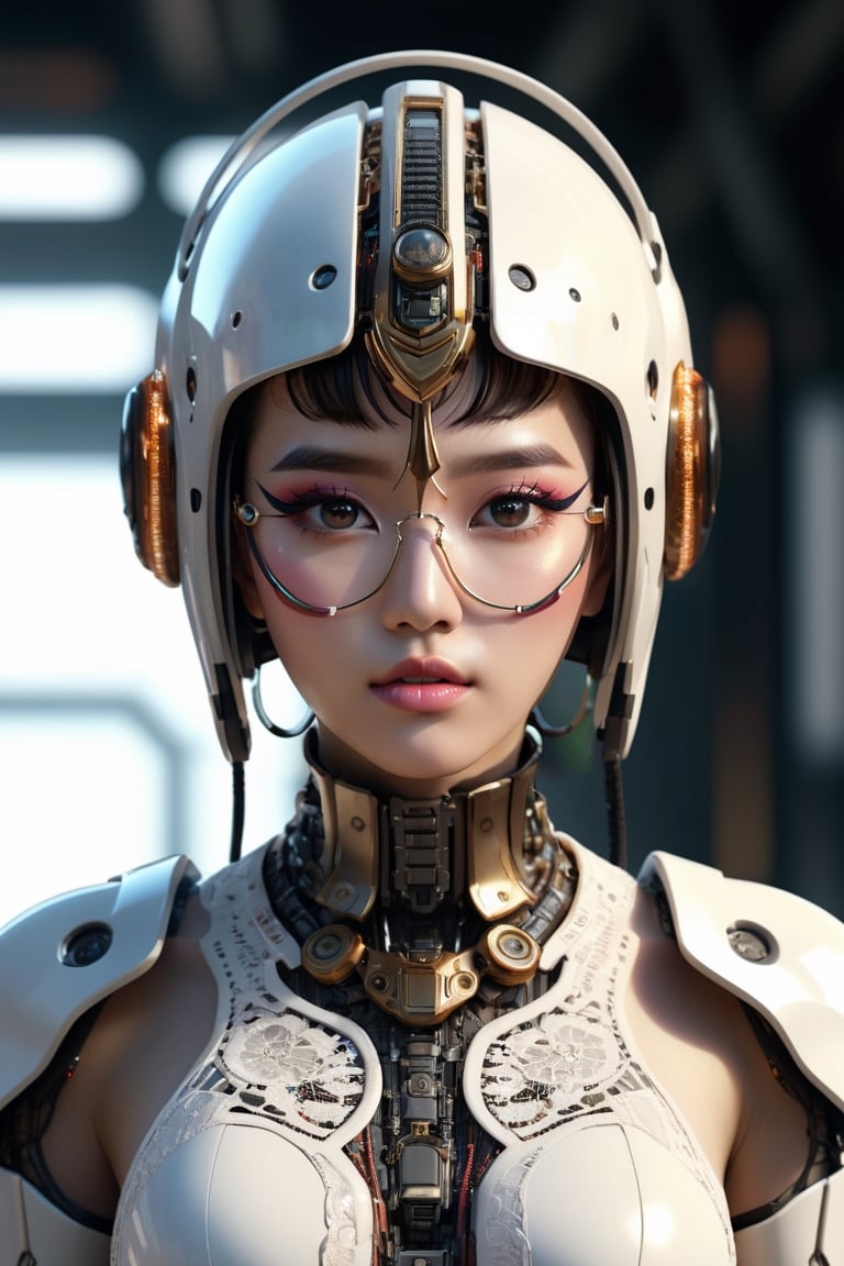 Figure of a humanoid robot with visible cybernetic parts and a female face. It was dressed in a Tunic dress adorned with lace and embroidery. Heterochromia. Helmet, serial number and barcode. High details, cyberpunk glasses. Rembrandt lighting. High details, Long shot. Octane render.