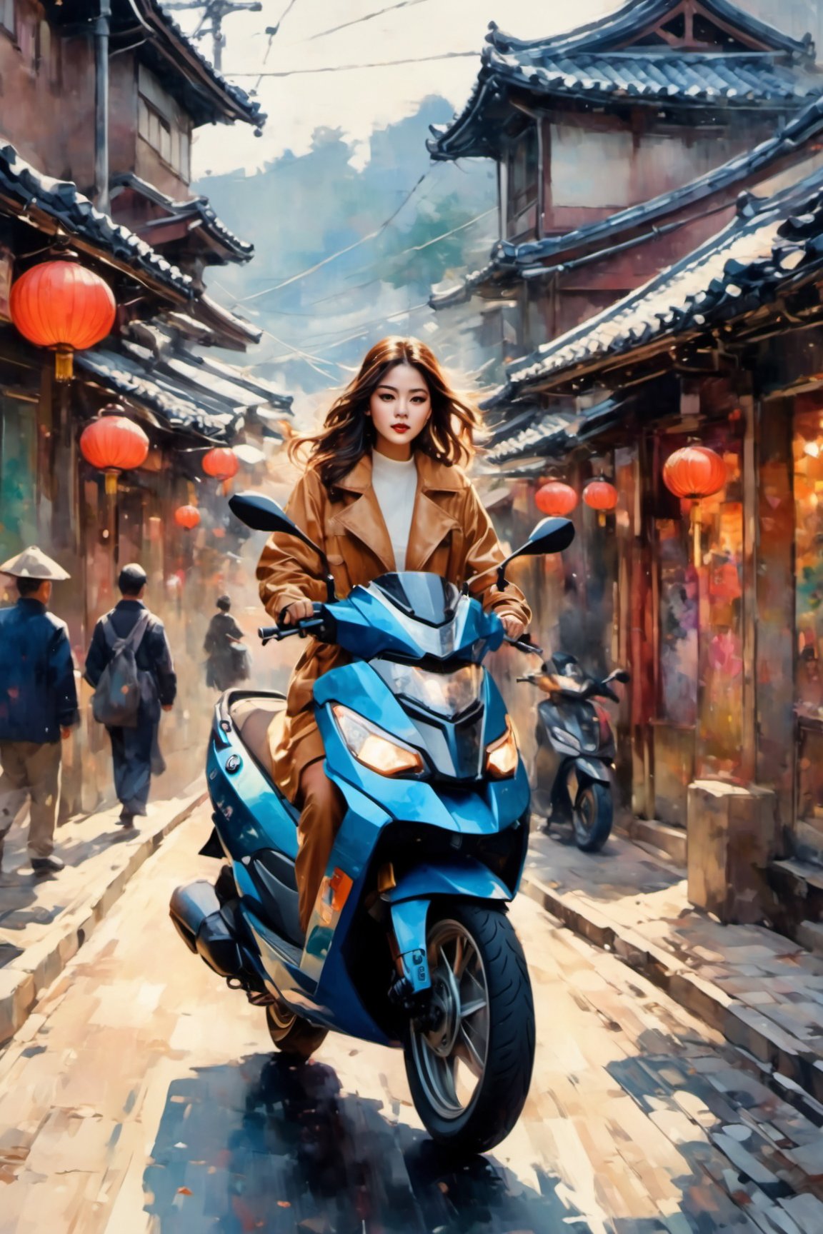 Painting in the style of prismatic portraits, beautiful landscapes, hyperrealistic precision, digital art techniques, impressionist: dappled light, bold, colorful portraits, wide angle. A young Korean K-pop star rides a BMW C400X scooter through the narrow streets of a Japanese old town. High nose bridge, doe eyes, sharp jawline, plump lips, and an hourglass figure. T-dress and black tights. Soft lighting wraps around her face, accentuating every curve and crease. Cluttered maximalism. Womancore. Mote Kei. Extremely high-resolution details.