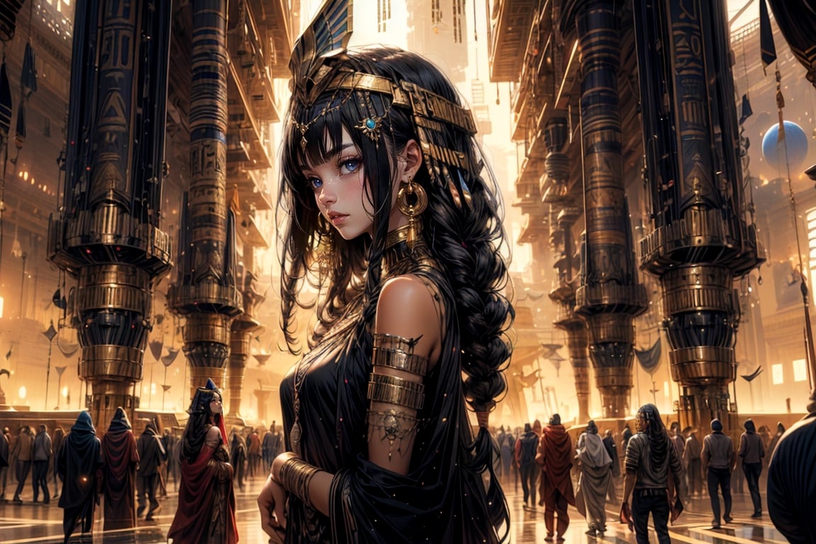 A blending of cyberpunk girl and Egyptian fashion and hairstyle. She is standing amidst a mesmerizing space landscape with fantastic planets, pyramids, the golden hour, low-key lighting, science fiction style, futuristic masterpiece, detailed composition, best quality, low angle, egyptian