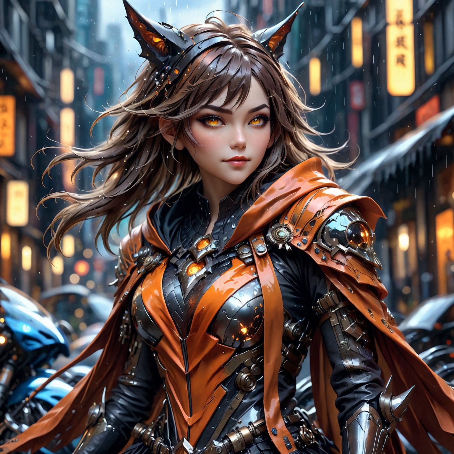 Hyperrealistic vision of a female witch wearing orange haute couture blending stainless steel and translucent acrylic parts. Half smile. She is sitting on Zero SR/F motorcycle. Cyberpunk city in the background. Rain. Close up. High angle. High-resolution details, digital artwork, illustrative, painterly, matte painting, highly detailed. Cluttered maximalism.,hdsrmr,glass,real_booster