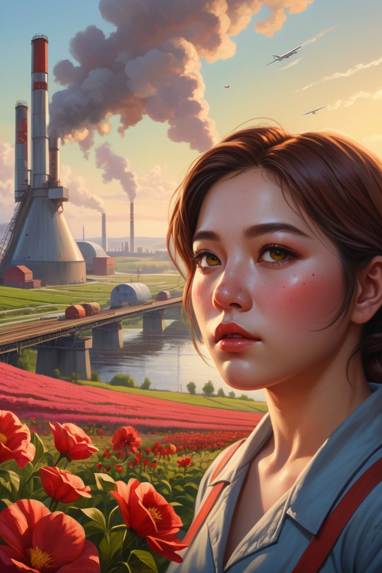 Painting in the style of socialist realism, beautiful landscapes, hyperrealistic precision, and digital art techniques. A collective farm woman and factory worker look at the horizon. Flowers, sunlight, the body, youth, flight, industry, and new technology. The illustration shows the utopianism of communism and the Soviet state. High nose bridge, doe eyes, sharp jawline, plump lips, healthy skin, k-pop makeup. Soft lighting wraps around her face, accentuating every curve and crease. Wide angle. Cluttered maximalism. Mote Kei. Extremely high-resolution details.,REALISTIC