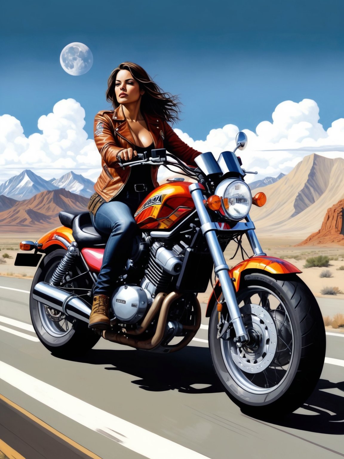 Painting of the woman sitting on a Honda Rebel 1100/DCT. Archigram. Wide angle. Cluttered maximalism. Extremely high-resolution details. beautiful landscapes, hyperrealistic precision, and digital art techniques. Split complementary color harmony.