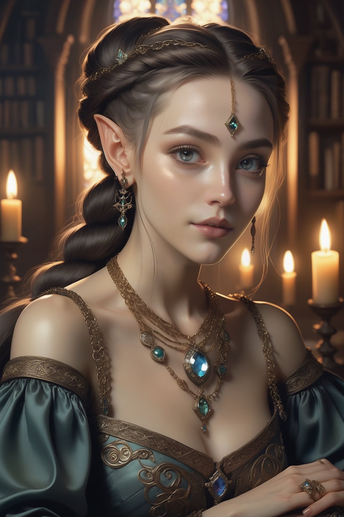 An ethereal fantasy concept art of an delicate elf lady dressed in Renaissance merchant attire is sitting in her library, holding a scepter. Beautiful hands. Her hairstyle is in the Ferronière style consists of a delicate chain or band that encircles the forehead, with a small jewel set in the center, positioned just above the middle of the forehead. Hair was parted in the middle, framed the face symmetrically, smoothed down at the sides and braided. The hair is partially covered with a veil at the back. Joyful and relaxed expression. Candles and lamps. Dusk. Highly detailed. High angle. Magnificent, celestial, ethereal, painterly, epic, majestic, magical, fantasy art, cover art, dreamy,knight,warrior,real_booster,DonMMy51ic4lXL,aesthetic
