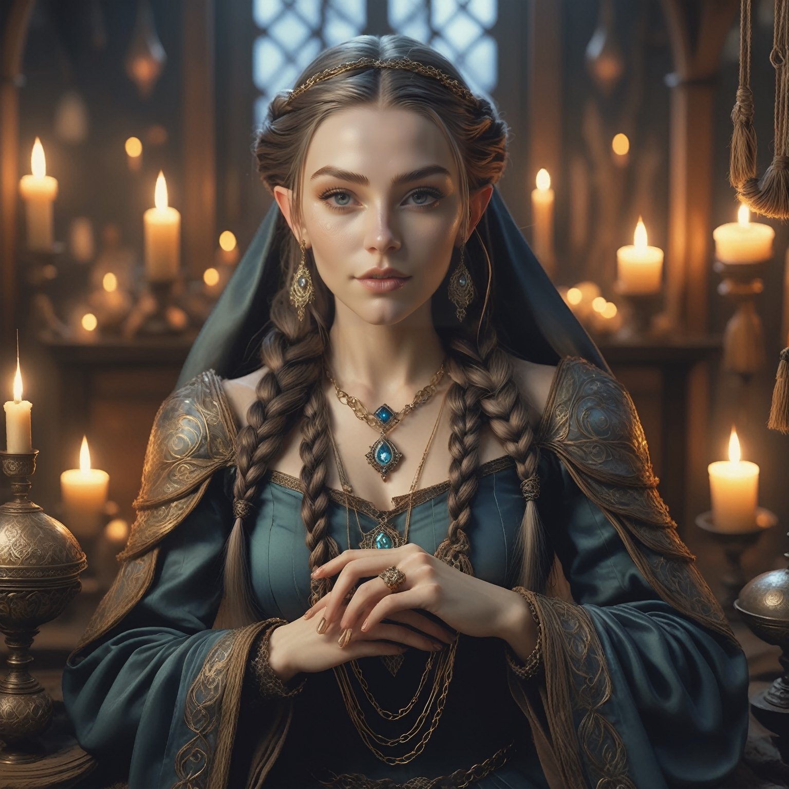 An ethereal fantasy concept art of an delicate elf lady dressed in Renaissance merchant attire is sitting in her textile shop. Beautiful hands. Her hairstyle is in the Ferronière style consists of a delicate chain or band that encircles the forehead, with a small jewel set in the center, positioned just above the middle of the forehead. Hair was parted in the middle, framed the face symmetrically, smoothed down at the sides and braided. The hair is partially covered with a veil at the back. Joyful and relaxed expression. Candles and lamps. Dusk. Highly detailed. High angle. Magnificent, celestial, ethereal, painterly, epic, majestic, magical, fantasy art, cover art, dreamy,knight,warrior,real_booster,DonMMy51ic4lXL,aesthetic