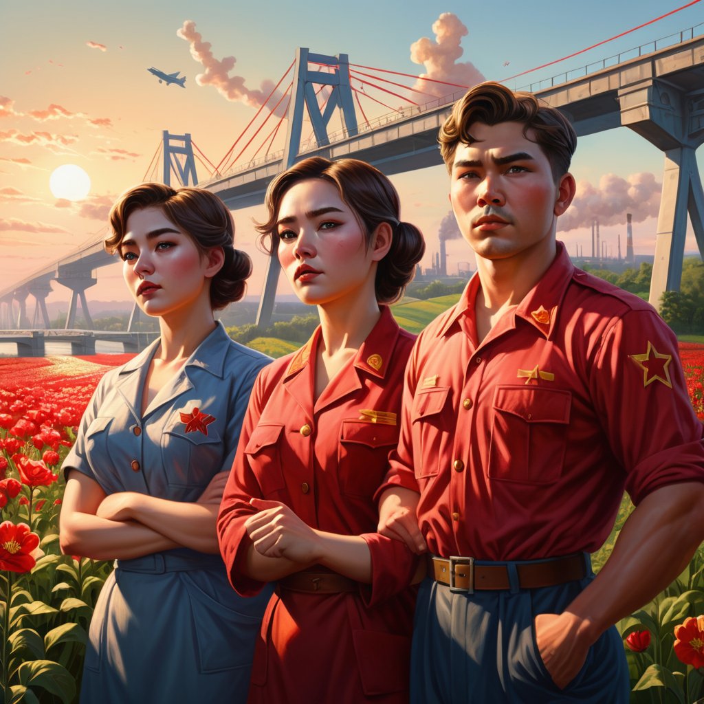 Painting in the style of socialist realism.  A collective farm woman and male factory worker point their fingers at the horizon. Flowers, sunlight, the body, youth, flight, industry, and new technology. The illustration shows the utopianism of communism and the Soviet state. High nose bridge, doe eyes, sharp jawline, plump lips, healthy skin, k-pop makeup. Soft lighting wraps around her face, accentuating every curve and crease. Wide angle. Cluttered maximalism. Mote Kei. Extremely high-resolution details. beautiful landscapes, hyperrealistic precision, and digital art techniques.,REALISTIC