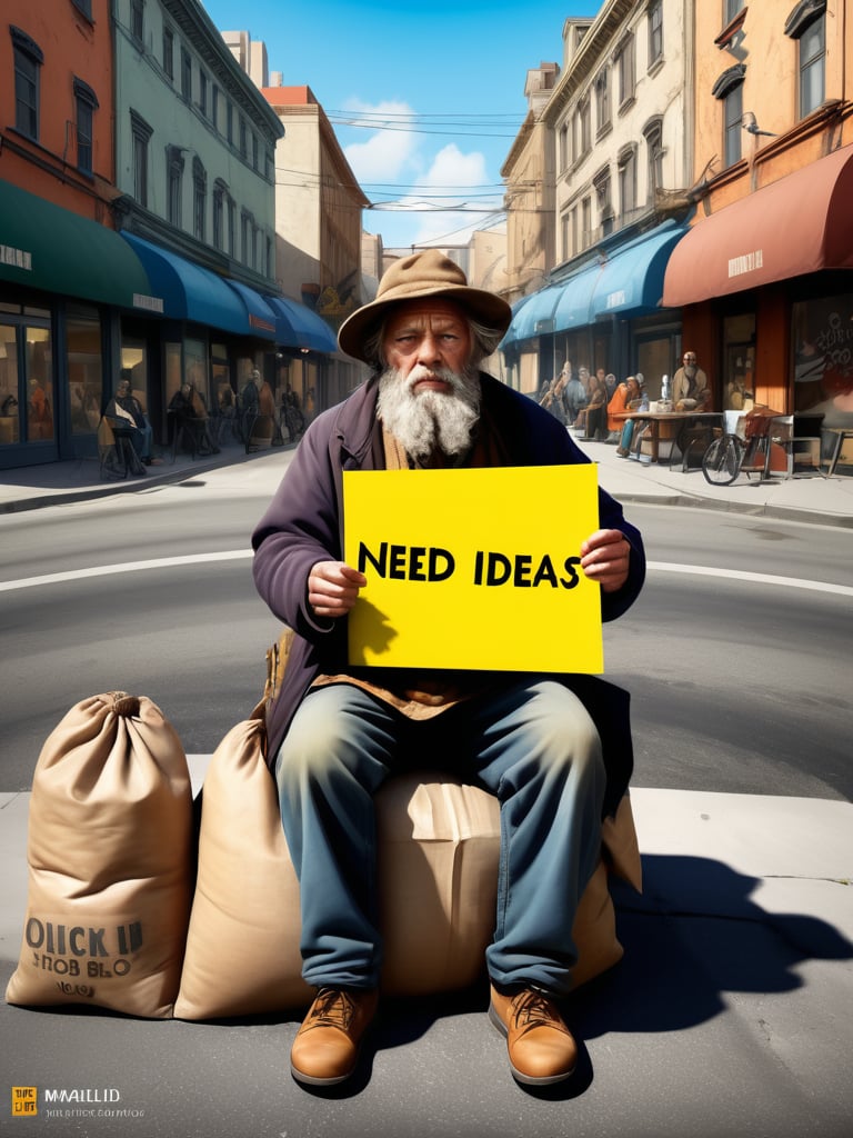 a held sign "I need ideas" held by a poor homeless person, once a great AI artist now a simple prompt hobo. Compositional tension and instability, highly florid style, and intellectual sophistication. A high-concept design with striking visual contrasts. Wide angle. Cluttered maximalism. Extremely high-resolution details. beautiful landscapes, hyperrealistic precision, and digital art techniques. Split complementary color harmony. Close-up. 