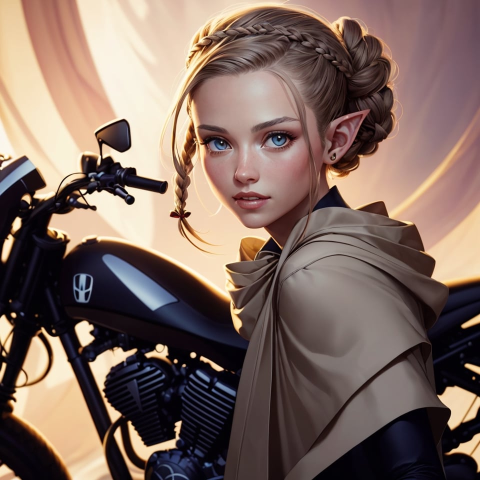 An artistic vision of an ethereal and skinny elf lady dressed in ancient greek robe, sitting on a Honda NM4 Vultus motorcycle. Her hair is pulled back from the forehead and sides of the face, tied with a ribbon, and then fastened at the back of the head. Hairstyle involving braids or twists that coiled or looped into a bun. The hair is adorned with accessories, such as hairpins, ribbons, or a diadem. Digital artwork, illustrative, painterly, matte painting, Highly detailed. Cluttered maximalism. Low-key lighting. High angle. Close-up shot.