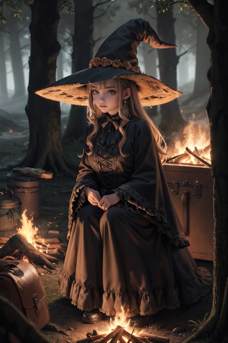 A young witch dressed in ornate brown gothic lolita attire sits on a trunk in a bivouac by a campfire in the middle of the forest. Behind her stands a tent and lies her travel bags. Cluttered maximalism. Womancore. Haunting atmosphere. Intricately detailed. Studio lighting. High angle.