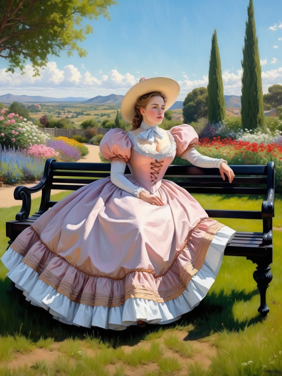 Painting of a noblewoman in an 1880 crinoline dress sits on a bench in the garden. 18" waist. Sense of awe-inspiring grandeur, compositional tension and instability, highly florid style, and intellectual sophistication. A high-concept design with striking visual contrasts. Wide angle. Cluttered maximalism. Extremely high-resolution details. beautiful landscapes, hyperrealistic precision, and digital art techniques. Split complementary color harmony. Close-up. Cowboy shot.