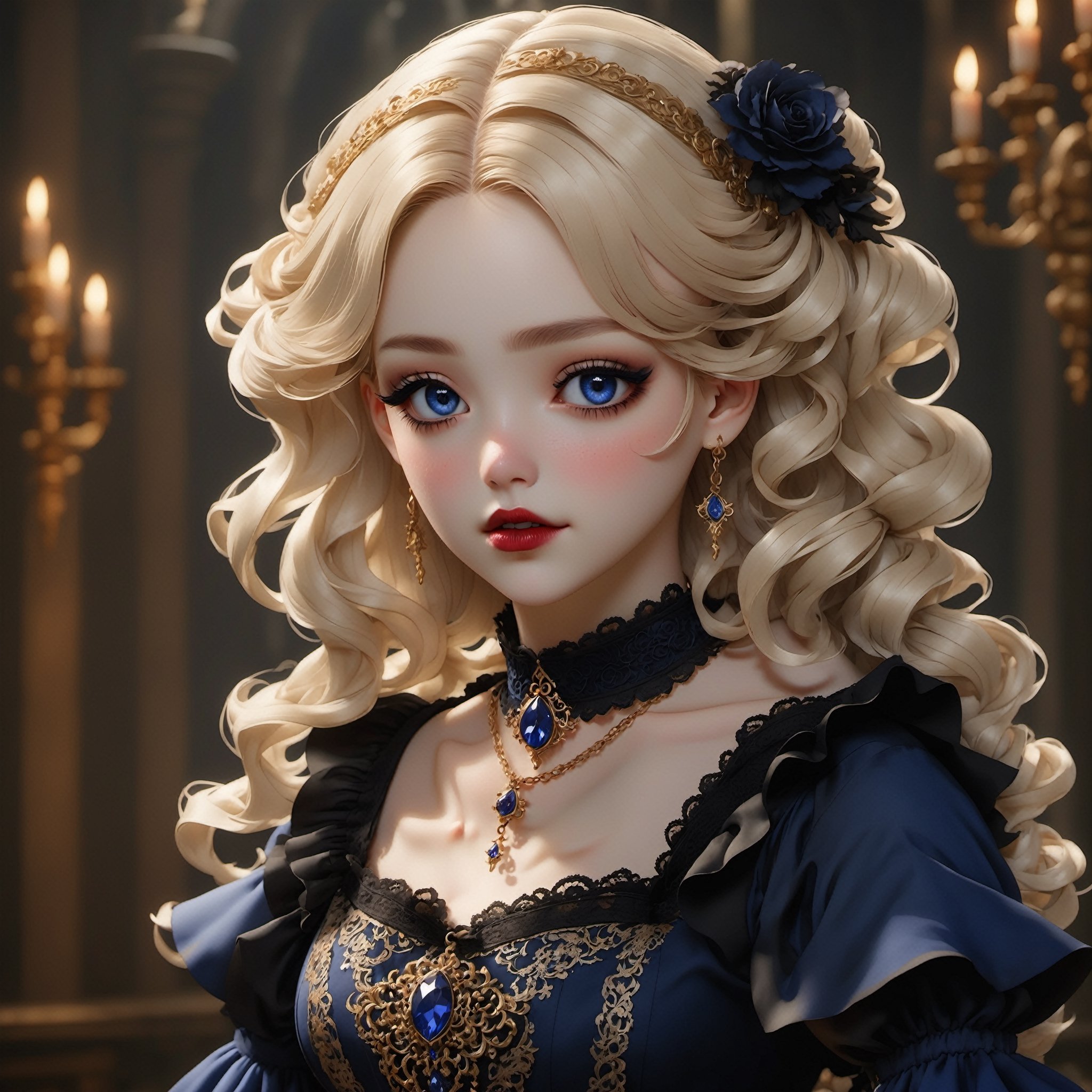 A witch dressed in a sapphire Gothic lolita outfit adorned with lace ruffles and floral embroidery is turning to look at the camera. She wears a gold necklace. Her blonde hair is styled in curly looks,  with ringlets,  slightly disheveled,  and blown away by the wind. Makeup creates a doll-like appearance with pale skin,  dark eyeliner,  and bold,  red lips. Castle entrance in the background. Ominous atmosphere,  Artstation,  Rembrandt lighting,  vibrant colors,  intricate details,  octane render,  64k,  photorealistic,  a masterpiece.,Wonder of Beauty,2b-Eimi,watercolor \(medium\)