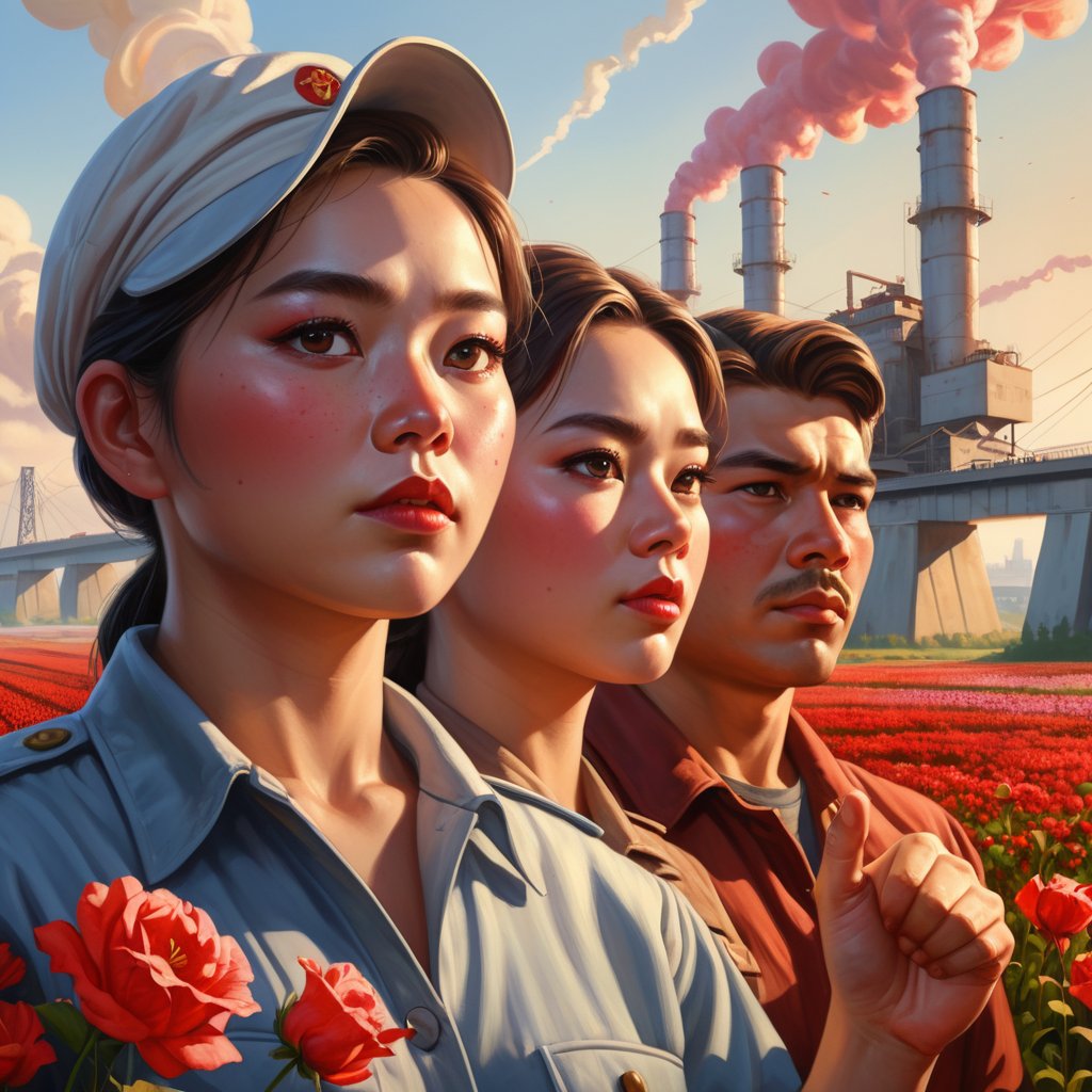 Painting in the style of socialist realism.  A collective farm woman and male factory worker point their fingers at the horizon. Flowers, sunlight, the body, youth, flight, industry, and new technology. The illustration shows the utopianism of communism and the Soviet state. High nose bridge, doe eyes, sharp jawline, plump lips, healthy skin, k-pop makeup. Soft lighting wraps around her face, accentuating every curve and crease. Wide angle. Cluttered maximalism. Mote Kei. Extremely high-resolution details. beautiful landscapes, hyperrealistic precision, and digital art techniques.,REALISTIC