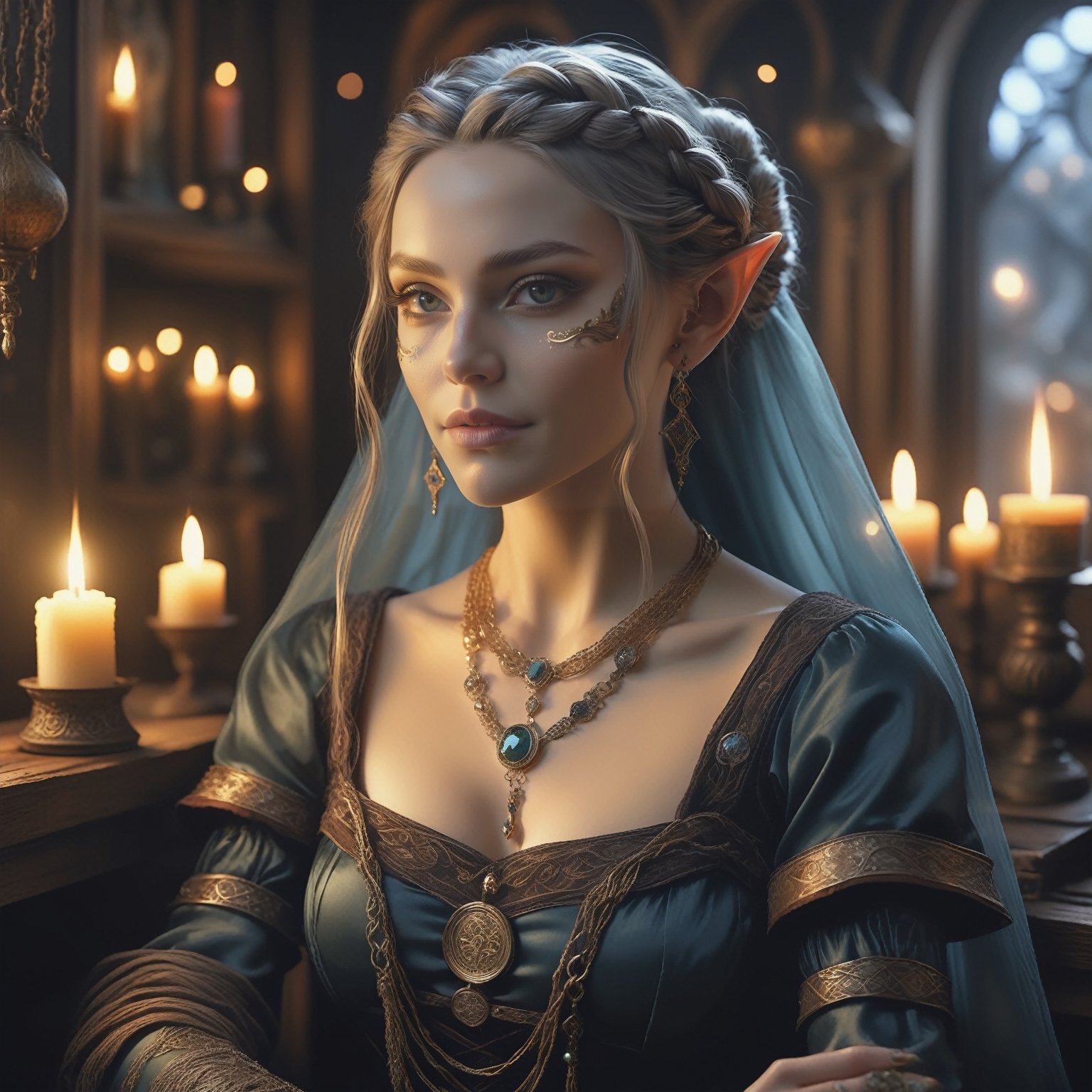 An ethereal fantasy concept art of an delicate elf lady dressed in Renaissance merchant attire is sitting in her textile shop. Beautiful hands. Her hairstyle is in the Ferronière style consists of a delicate chain or band that encircles the forehead, with a small jewel set in the center, positioned just above the middle of the forehead. Hair was parted in the middle, framed the face symmetrically, smoothed down at the sides and braided. The hair is partially covered with a veil at the back. Joyful and relaxed expression. Candles and lamps. Dusk. Highly detailed. High angle. Magnificent, celestial, ethereal, painterly, epic, majestic, magical, fantasy art, cover art, dreamy,knight,warrior,real_booster,DonMMy51ic4lXL,aesthetic