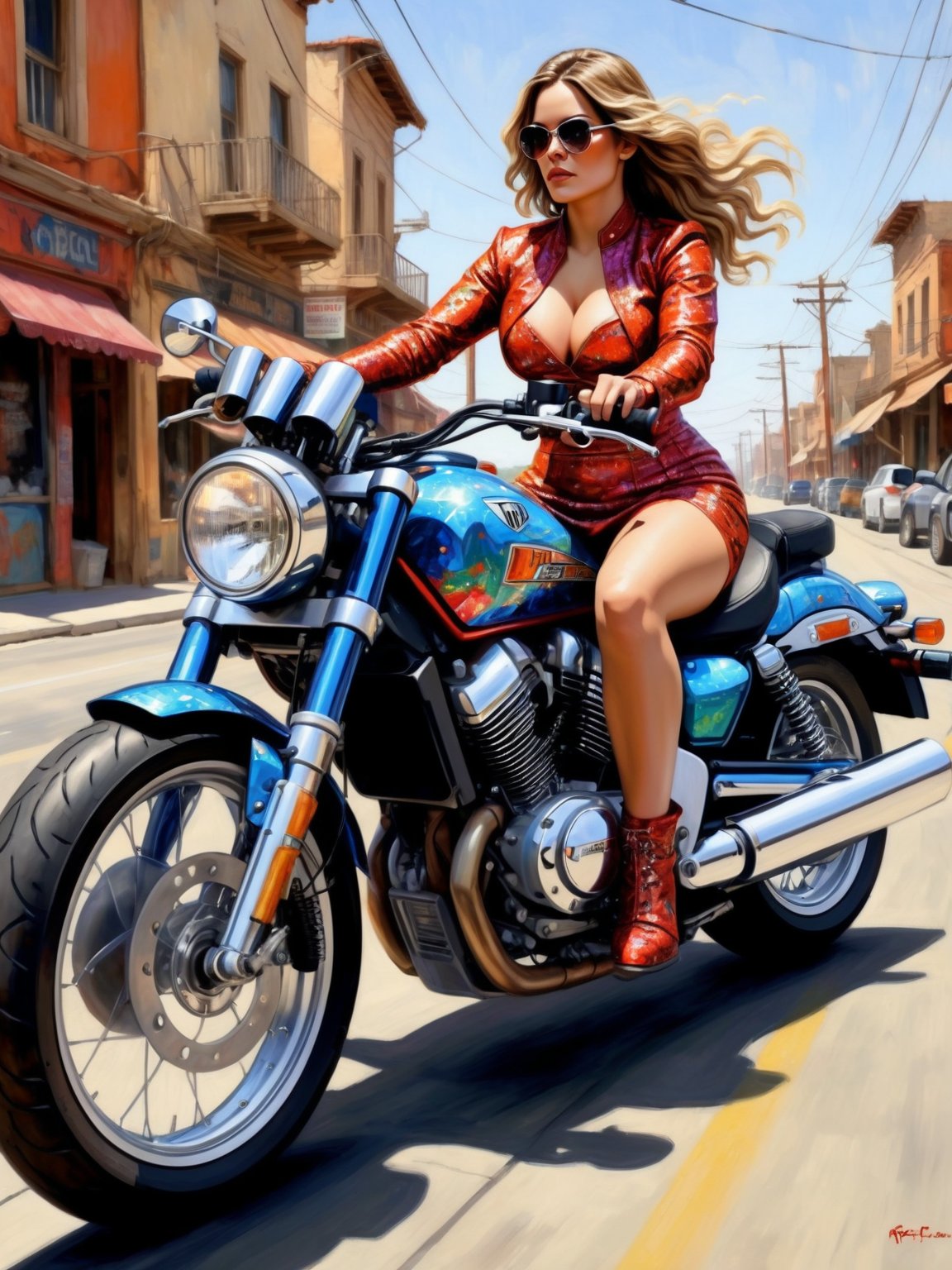 Painting of the woman in 1880 dress sitting on a Honda Rebel 1100/DCT. Archigram. Wide angle. Cluttered maximalism. Extremely high-resolution details. beautiful landscapes, hyperrealistic precision, and digital art techniques. Split complementary color harmony.