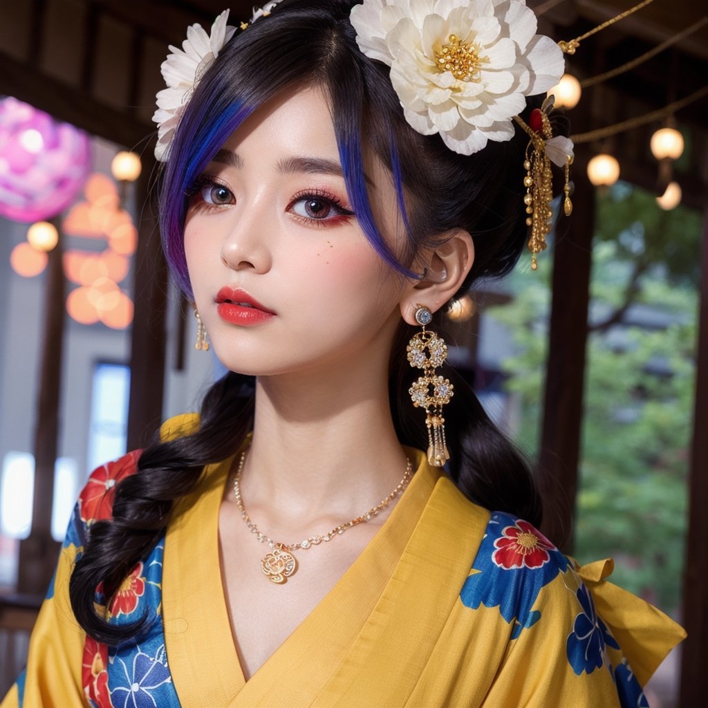 solo, white skin, round_face, Japanese girl, two-tone-hair, rainbow hair, Odd_Eye, glowing_pupils, rouge, lipstick, eyeshadow, eyeliner, mascara, aroused_face, kimono, geisha , ear_rings, necklace, hanabi