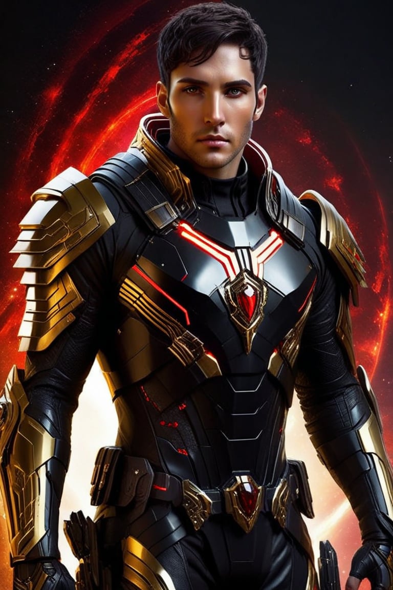 Sci-Fi. Pionus Santor is a human being, a handsome man of 25 years old, ((caucasian)), short straight black hair, military haircut, amber eyes. athletic build.  ((white armor)). He wears a futuristic and highly cybernetic black armor. ((golden ornaments)), ((red lines)), Ionian's iconography. Inspired by the art of Destiny 2 and the style of Guardians of the Galaxy.,perfecteyes