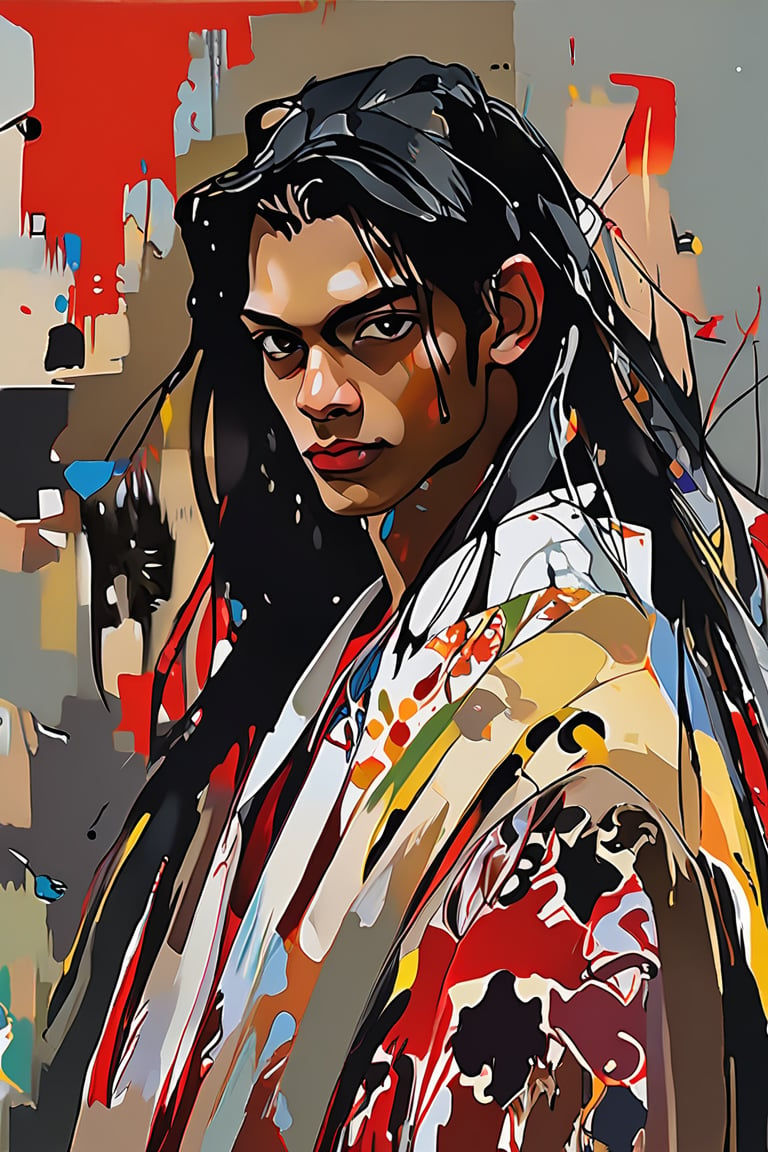 a handsome young man, (16 years old), 
(Colombian boy), (Barranquillero) in the style of nicola samori, (sharp amber eyes), (urban caribbean clothing), long black straight hair, beautiful smile, perfect face, white streak in hair , (by james jean $,  roby dwi antono $,  ross tran $. francis bacon $,  michal mraz $,  adrian ghenie $,  petra cortright $,  gerhard richter $,  takato yamamoto $,  ashley wood $),art_booster